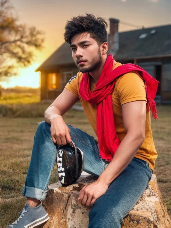 very beautiful young boy ,Sit on the roof and bask in the sun
