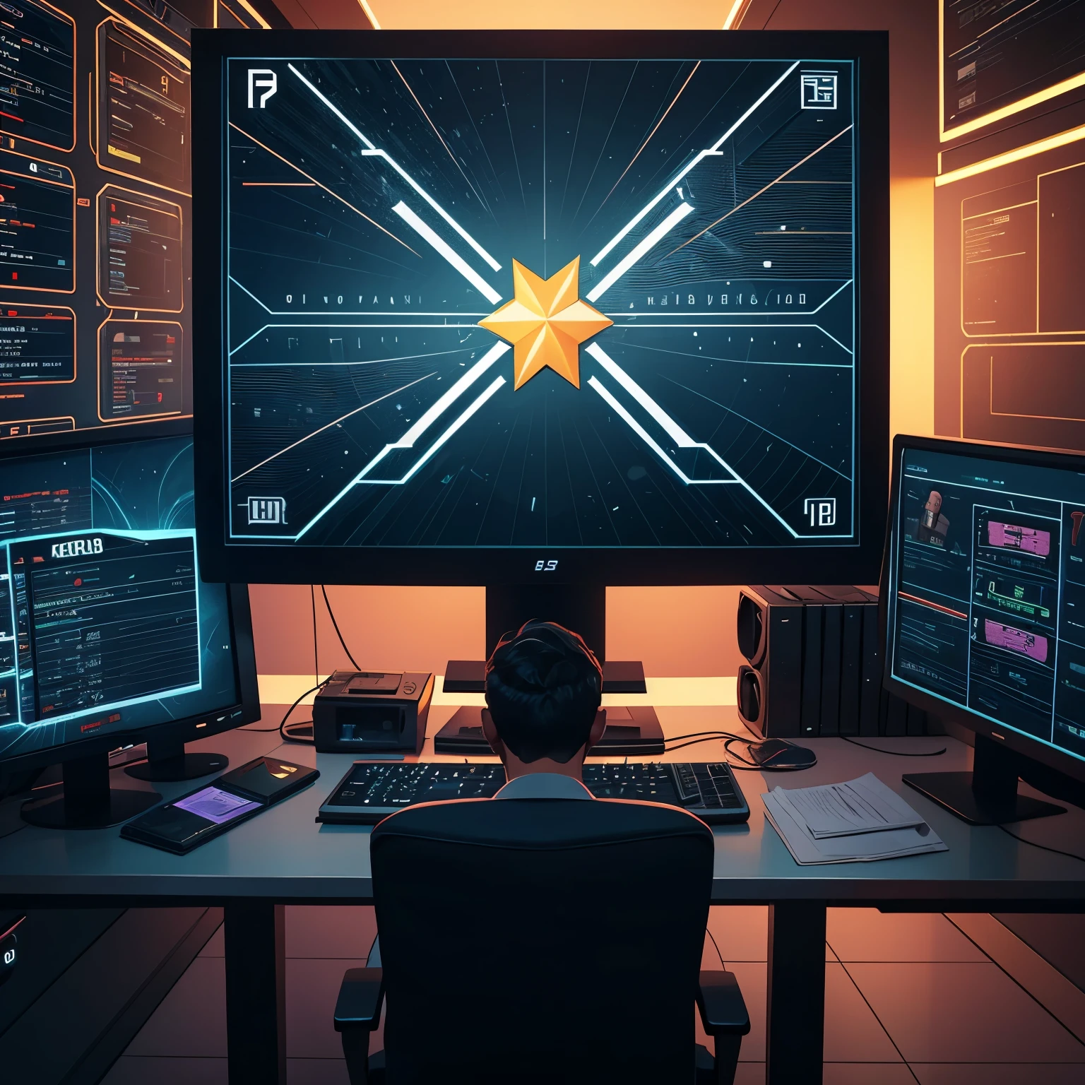 Rapaz jovem, estiloso, operating in binary options with surreal up and down graphics on the screen