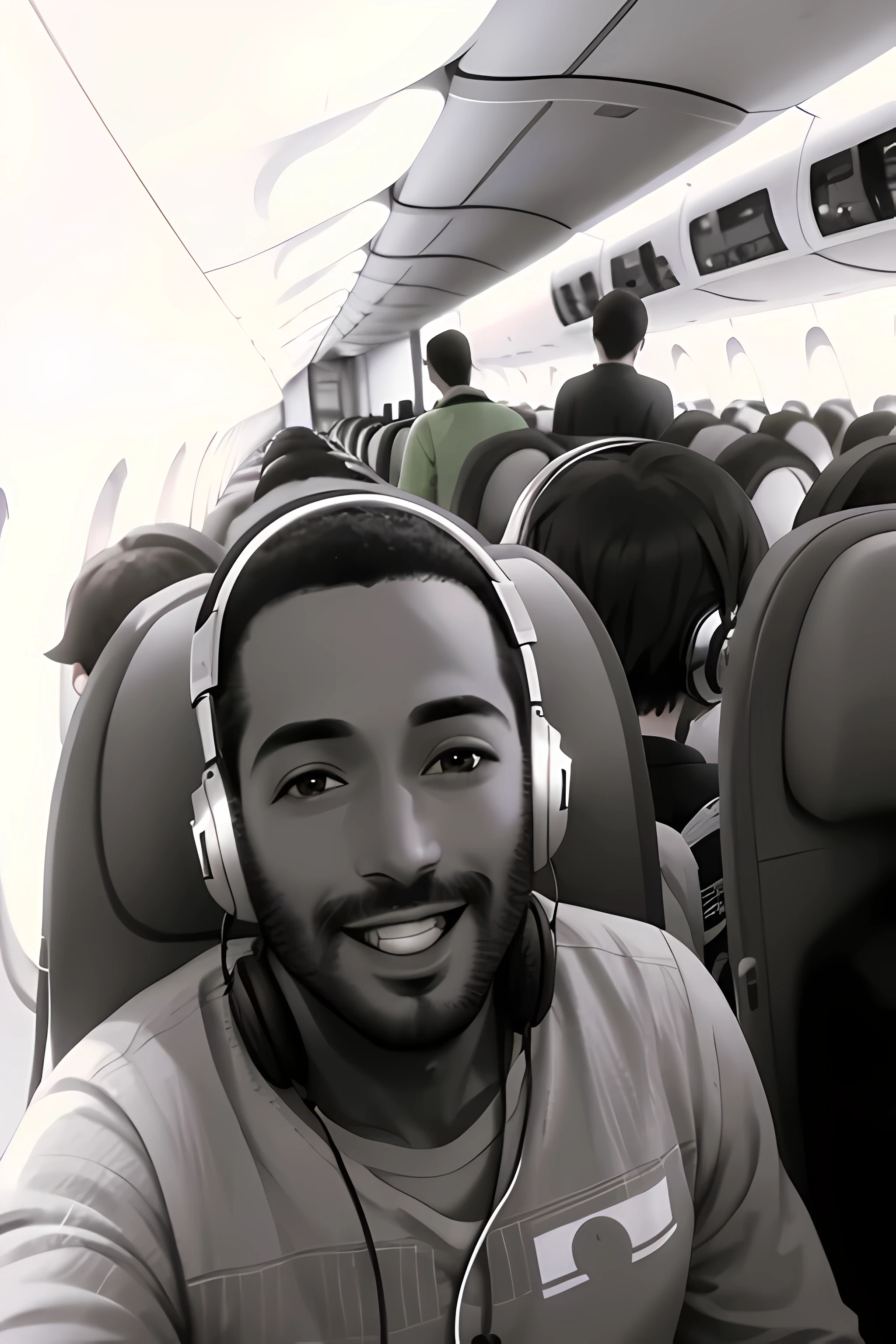 arafed man with headphones sitting in an airplane with other passengers, with head phones, in the air, black. airports, with headphones, mohamed reda, desaturated!!, happy!!!, smiling for the camera, looking happy, taking from above, vacation photo, back to us, profile picture, desaturated!, alphonse muca, portrait!!!!, sitting down