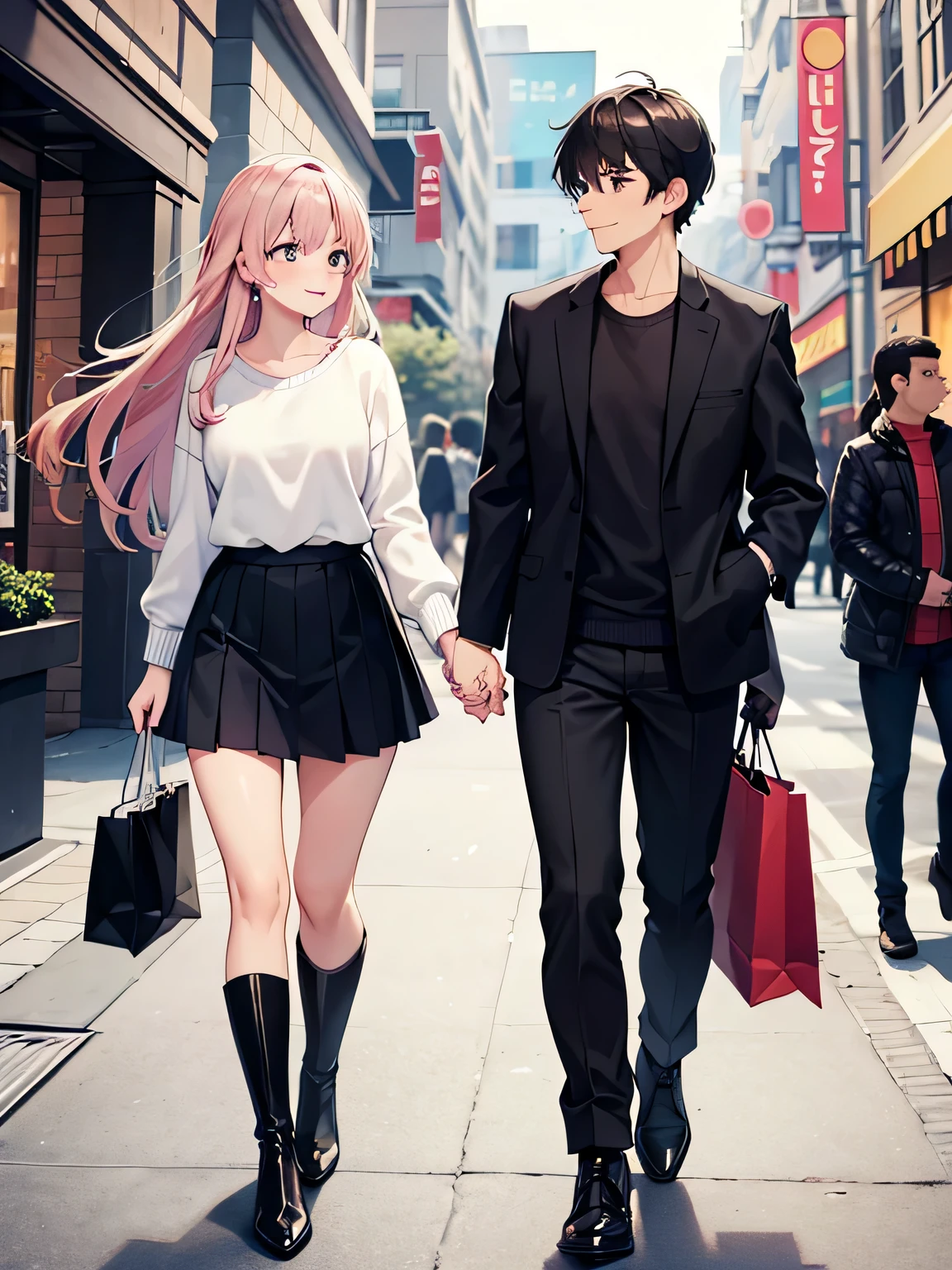 1,There are also male and female couples..
2,Two people enjoying shopping together.
3,Both are smiling and looking like they're having fun.
4,Women wear sexy knits and pleated miniskirts.、I'm wearing long boots on my feet。.
5,The man is wearing normal clothes、hair is braided, And he is carrying the woman's shopping luggage..
6,The location is in front of the station in the downtown area.. There is a department store.
7,The season is autumn.
