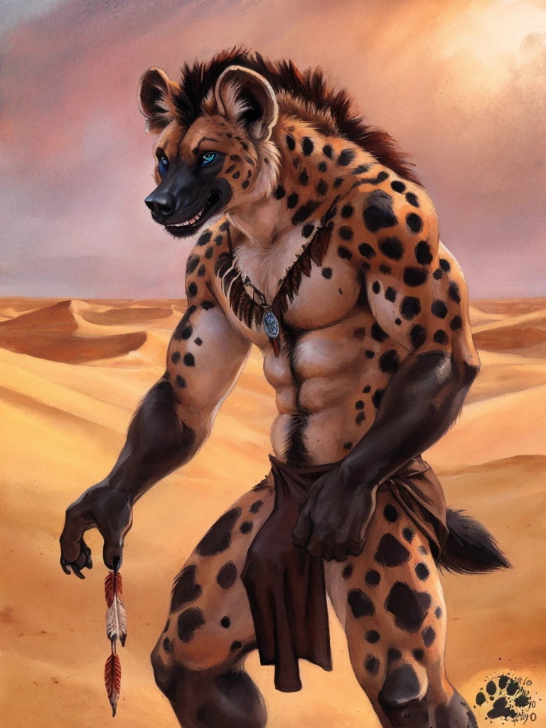 solo, anthro, Gnoll, male, mane fades to red, muscular, sexy, lustful expression, shaggy fur, thick fur, hyena tail, long penis imprint visible under tribal loincloth, loose tribal clothing, realistic clothing, sexy pose, realistic fur, beautiful eyes, perfect eyes, symmetrical eyes, blue eyes, (black retinas:1.2), detailed background, sahara desert background, dusk, realistic, photorealistic, ultra realistic, 8k, (by blotch),