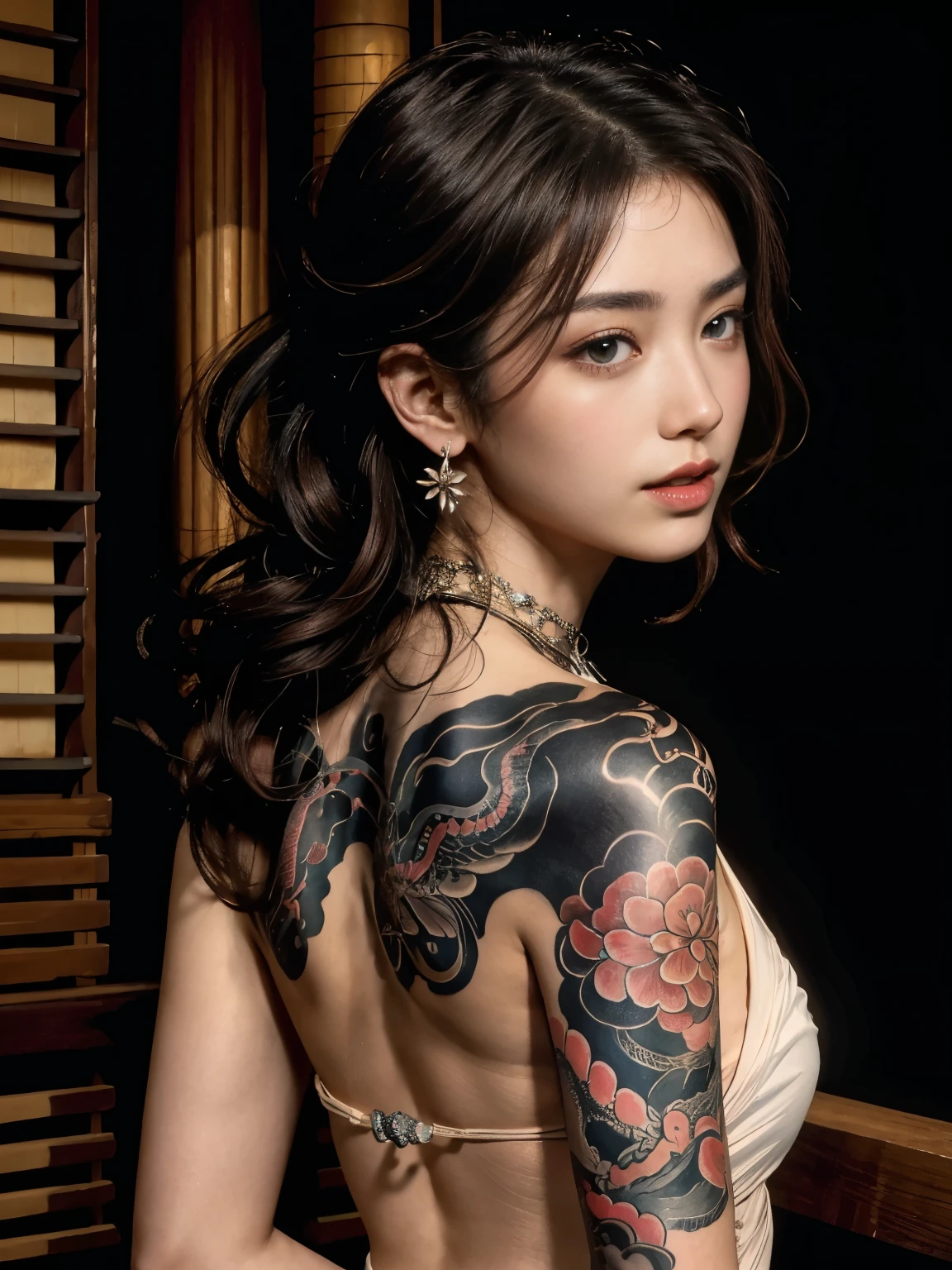 (best quality,highres:1.2), (photorealistic:1.4),low angle portrait, close up, seen from back, yakuza girl soaking in the onsen,look at viewer,detailed face,beautiful detailed grey blue eyes,beautiful detailed lips,seductive smile,eyebrows well-groomed,long eyelashes, perfect nice face with soft skinice perfect face, clear skin ,natural blush,slim body posture, exposed shoulder,intricate detailed and vibrant irezumi tattoo on back body,elegant and intricate jewelry,delicate necklace and earrings,traditional hair accessories, red hair with bangs,shiny gemstones,soft and flawless makeup,soft and natural lighting,subtle shadows on the face,radiant and vibrant colors,photorealistic rendering, photon mapping, foggy and dramatic atmosphere