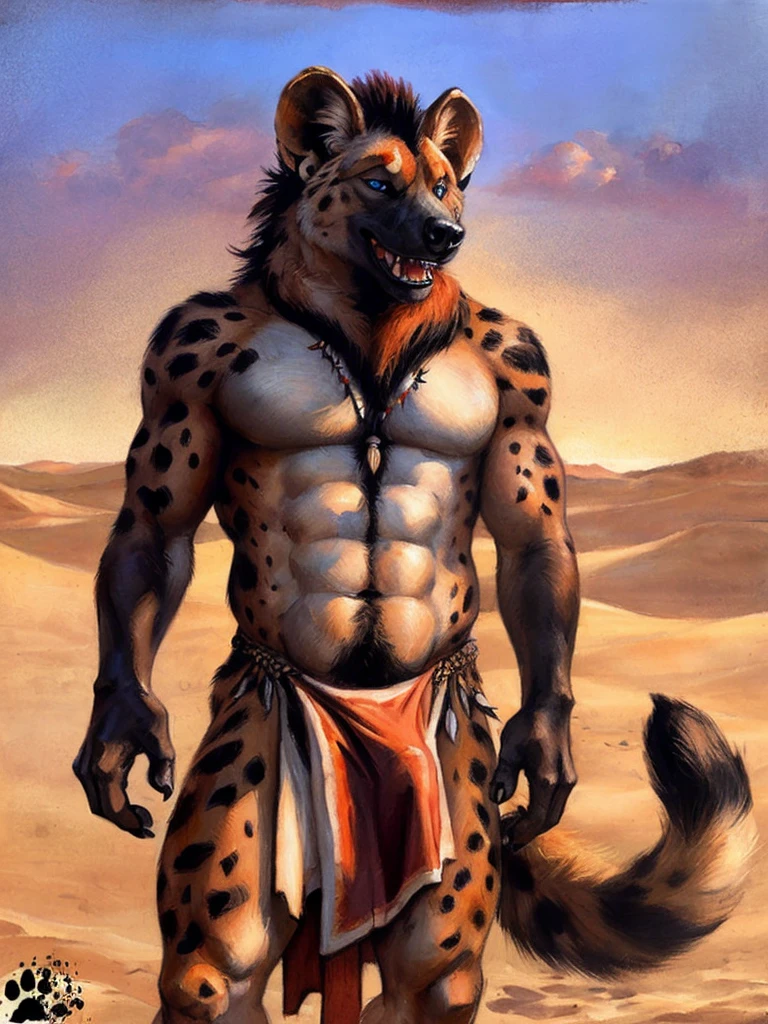 solo, anthro, Gnoll, male, mane fades to red, muscular, sexy, lustful expression, shaggy fur, thick fur, hyena tail, long penis imprint visible under tribal loincloth, loose tribal clothing, realistic clothing, sexy pose, realistic fur, beautiful eyes, perfect eyes, symmetrical eyes, blue eyes, (black retinas:1.2), detailed background, sahara desert background, dusk, realistic, photorealistic, ultra realistic, 8k, (by blotch),