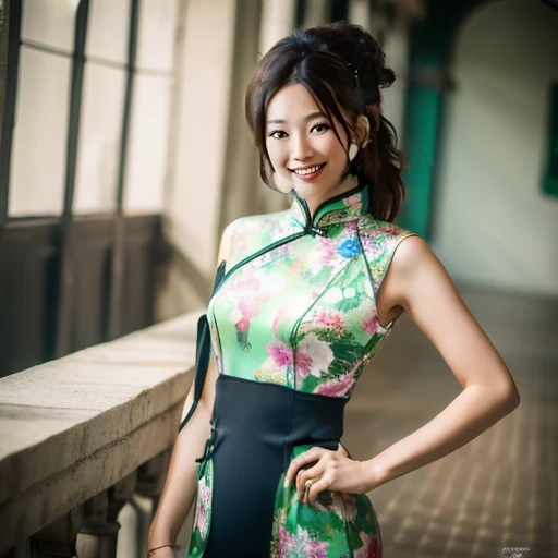 ((highest quality, 8K, masterpiece: 1.3)), concentrated: 1.2, Wearing an emerald green cheongsam, flowers print, Split End, full body photo, standing pose, white wall, Highly detailed face and skin texture, fine eyes, double eyelid, whitened skin,