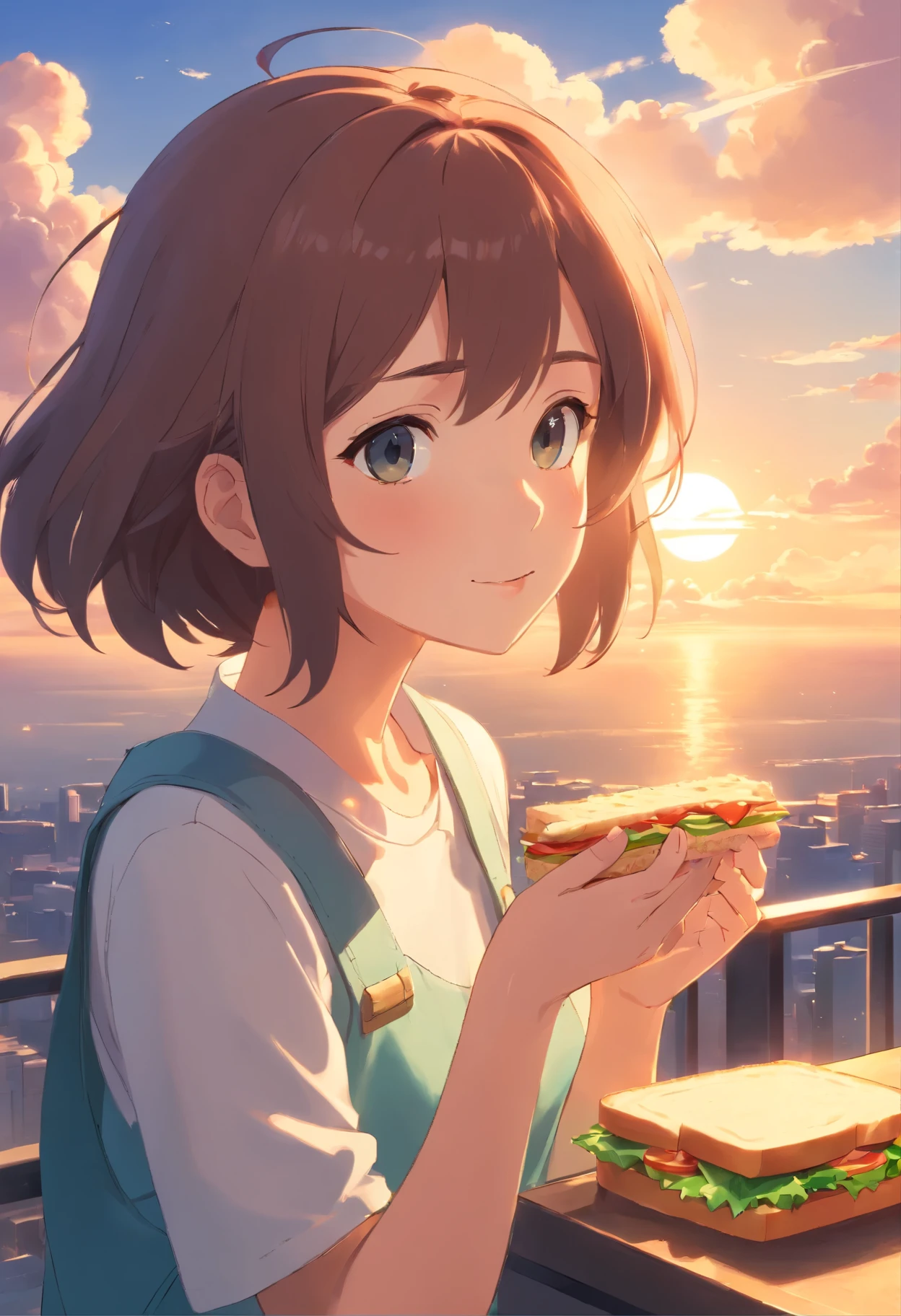 masterpiece、top-quality、Movie stills、1girl in、Eating a sandwich、Cloud Girl、floating in sky、a closeup、发光、Happiness、Warm and soft lighting、the setting sun、(Spark:0.7)