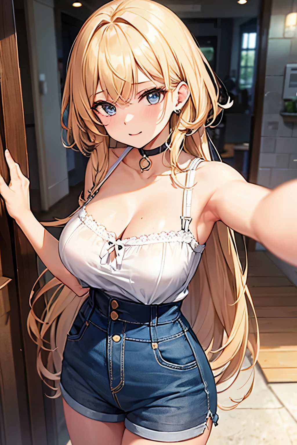 Beautiful blonde、Beautiful blue eyes、Tube Top、shortpants、a choker、Selfie wind、selfee、piece、piece sign