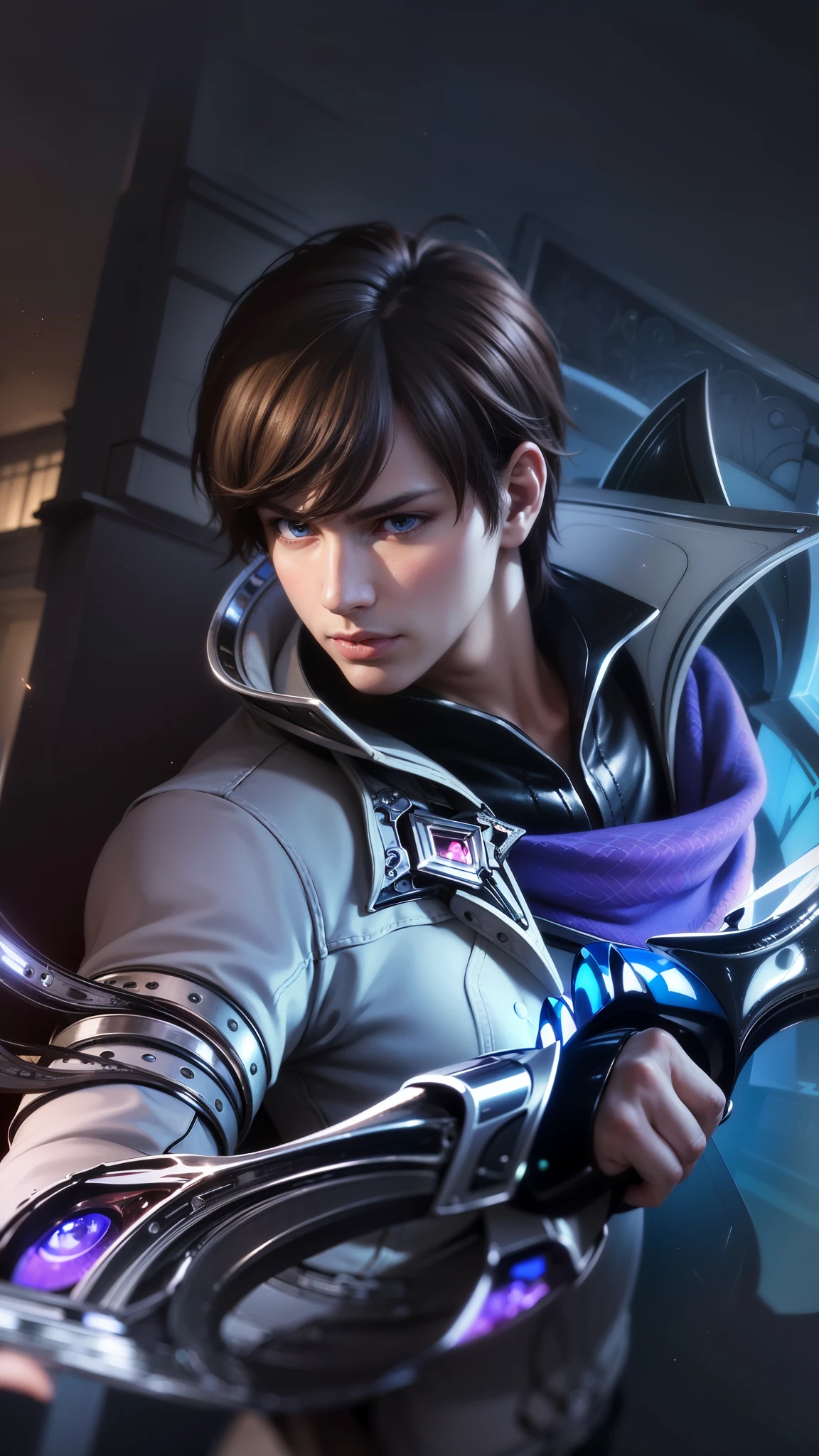 masculine male, masterpiece, ((perfect eyes)) best quality, (semirealism:1.9), beautiful lighting, (extremely detailed CG unity 4k fhd wallpaper), High Detail, Sharp focus, dramatic outdoors, 1 boy ,19 years old, brown short hair, blue eyes.