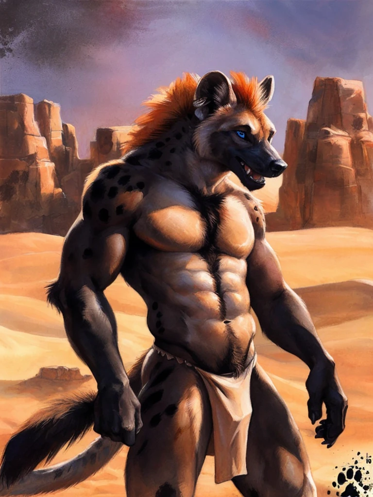 solo, anthro, Gnoll, male, mane fades to red, muscular, sexy, lustful expression, shaggy fur, thick fur, hyena tail, long penis imprint visible under tribal loincloth, loose tribal clothing, realistic clothing, sexy pose, realistic fur, beautiful eyes, perfect eyes, symmetrical eyes, blue eyes, (black retinas:1.2), detailed background, sahara desert background, dusk, realistic, photorealistic, ultra realistic, 8k, (by blotch),