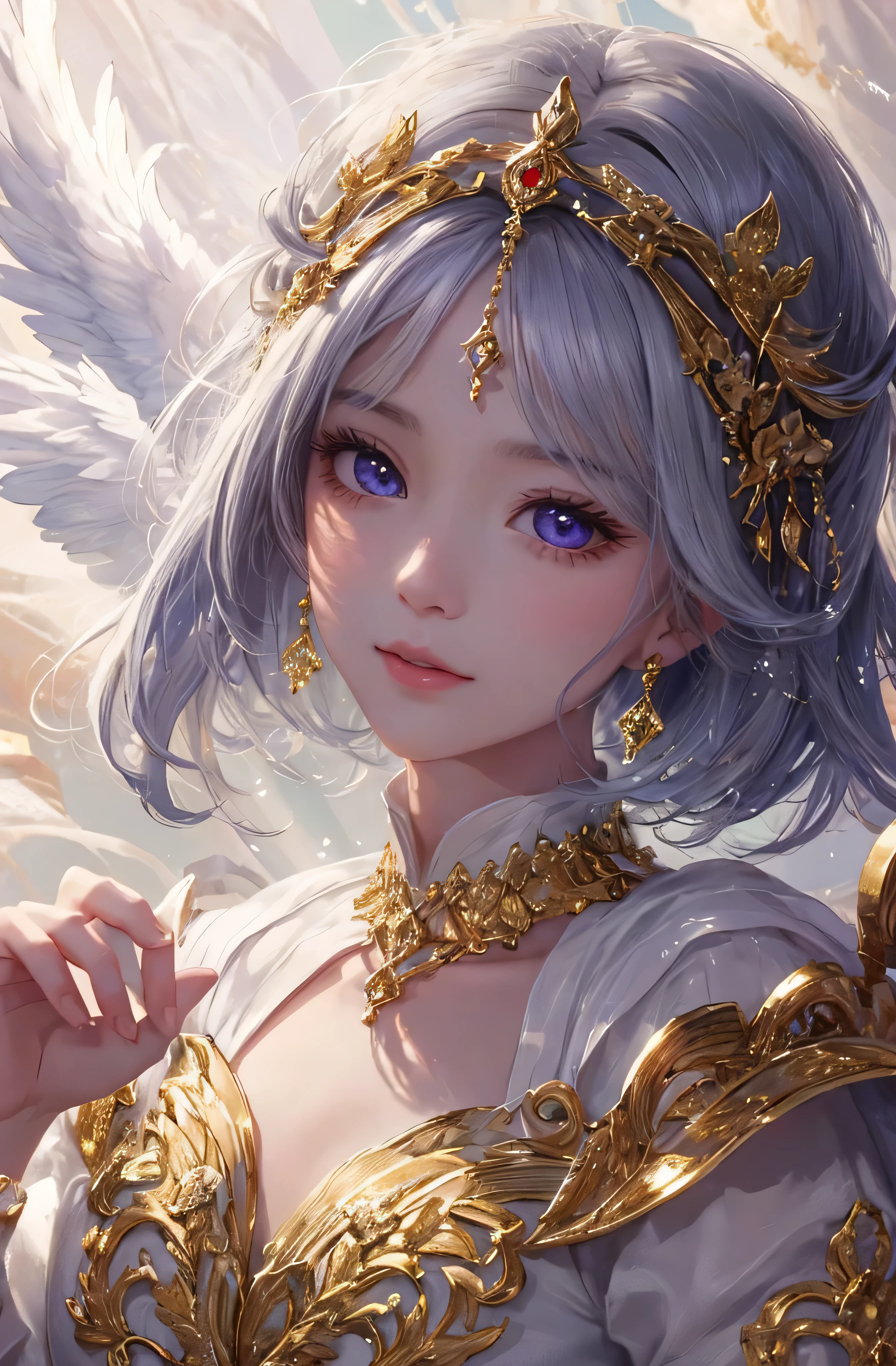 profile、8k、real photo、Super high resolution, master parts, highest quality, cinematic images,nice girl、Ann、 only、Annグロサクソン、double eyelid、drooping eyes、very big eyes、Eyes are purple、dark eye shadow、lips are very thin、The tip of the nose stretches beautifully.、small nostrils,,,,, highly detailed face , silver hair、straight short hair、smile、 sweet expression 、)、Very clear shadows , gem , detailed eye, very complicated expression, shiny skin , パーフェクトブリリAnnト, perfect lighting, dramatic shadow、White tiara on head、Gold necklace around the neck、aristocratic dress with gold embroidery、Angel wings