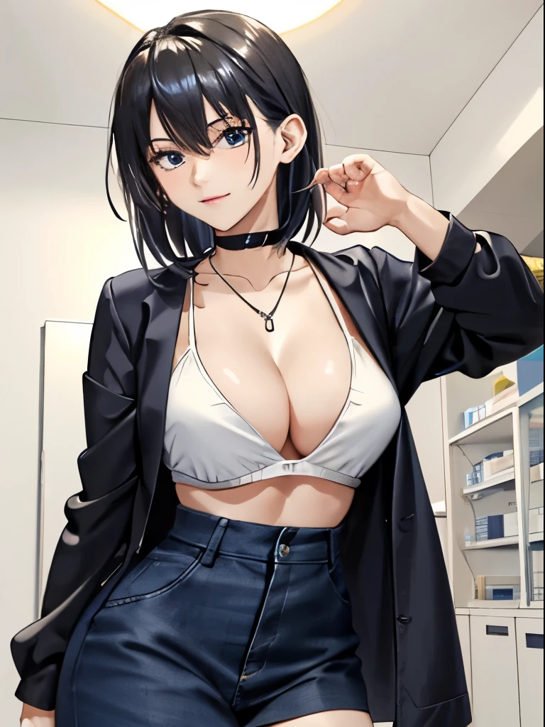 masterpiece, Hot Shots, ((highest quality、4k, detailed person)), disorganized, perfect anatomy, Te Takemor's smile), necklace, choker, dressig chest:1.3), No bra, defined abdomen, white clothes, Are standing, Background of the Doctor's Office, sexy pose、((shiny skin、shiny skin、oil skin、exquisite female body、the best beauty、fascinating thighs、Enchanting cleavage))