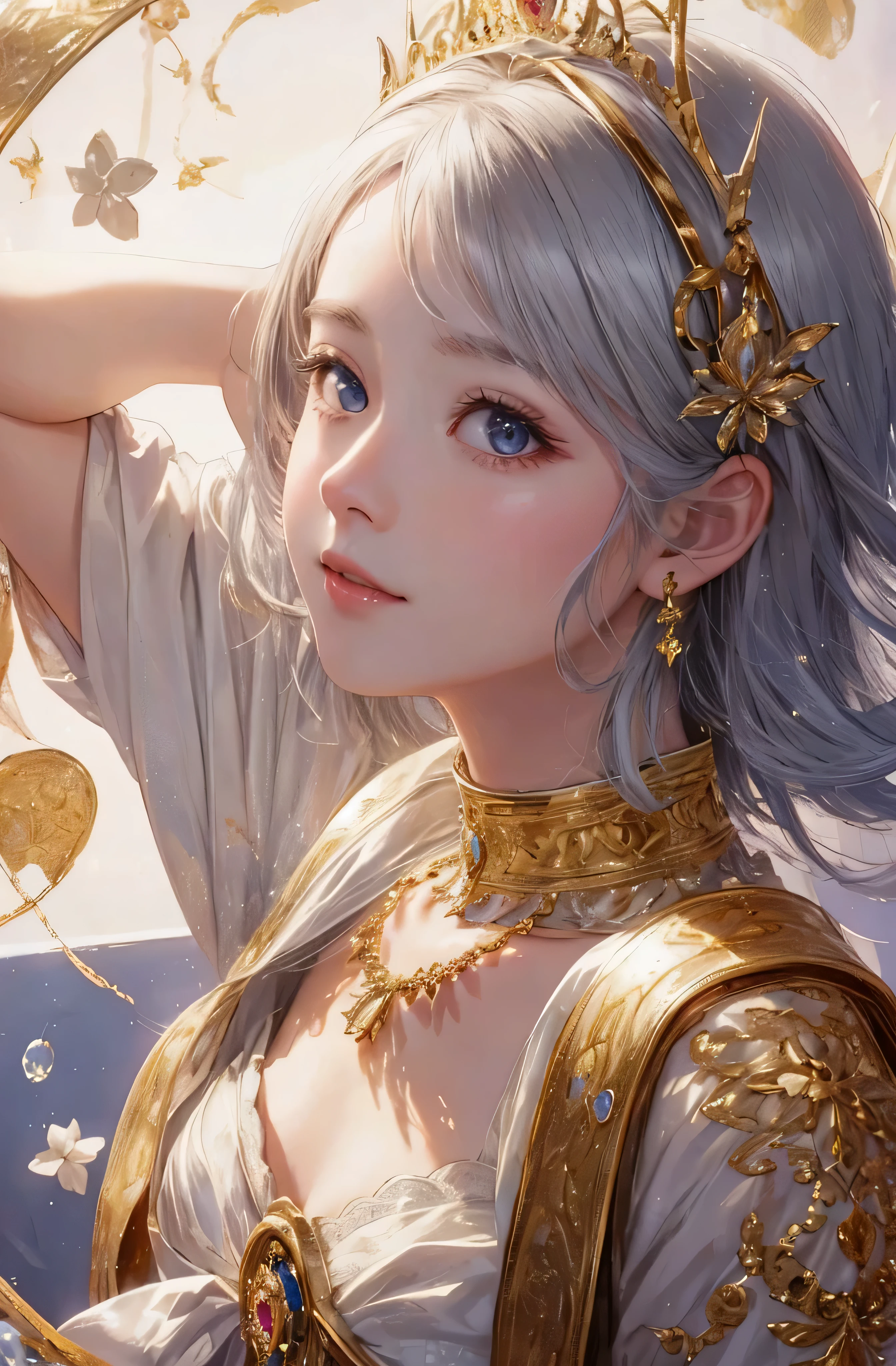 profile、8k、real photo、Super high resolution, master parts, highest quality, cinematic images,nice girl、Ann、16 only、Annグロサクソン、double eyelid、drooping eyes、very big eyes、Eyes are purple、dark eye shadow、lips are very thin、The tip of the nose stretches beautifully.、small nostrils,,,,, highly detailed face , silver hair、straight short hair、smile、 sweet expression 、）、Very clear shadows , gem , detailed eye, very complicated expression, shiny skin , パーフェクトブリリAnnト, perfect lighting, dramatic shadow、White tiara on head、Gold necklace around the neck、aristocratic dress with gold embroidery、Angel wings
