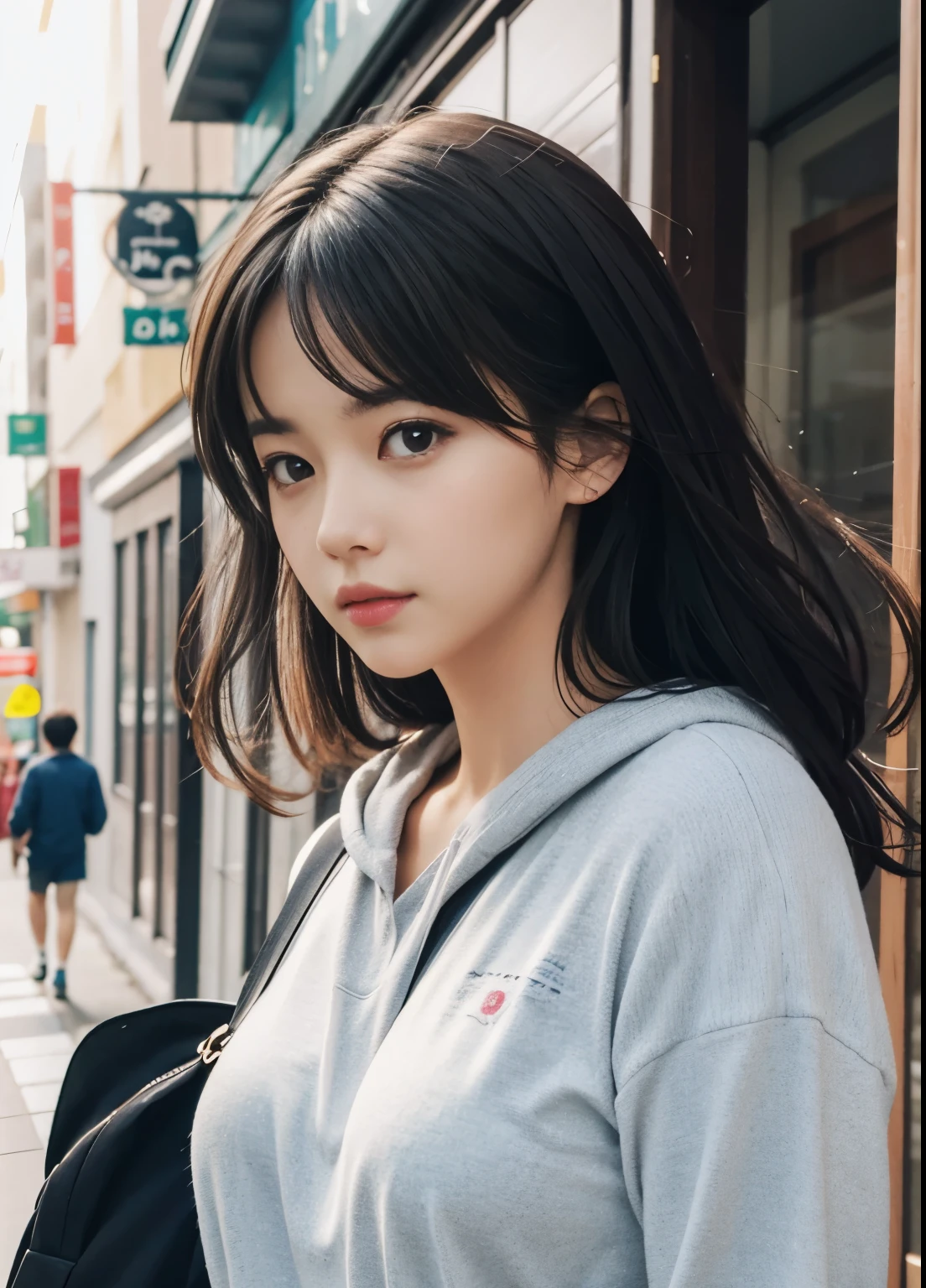 (highest quality:0.8),
(highest quality:0.8), perfect anime illustration, extreme closeup portrait of a pretty woman walking through the city