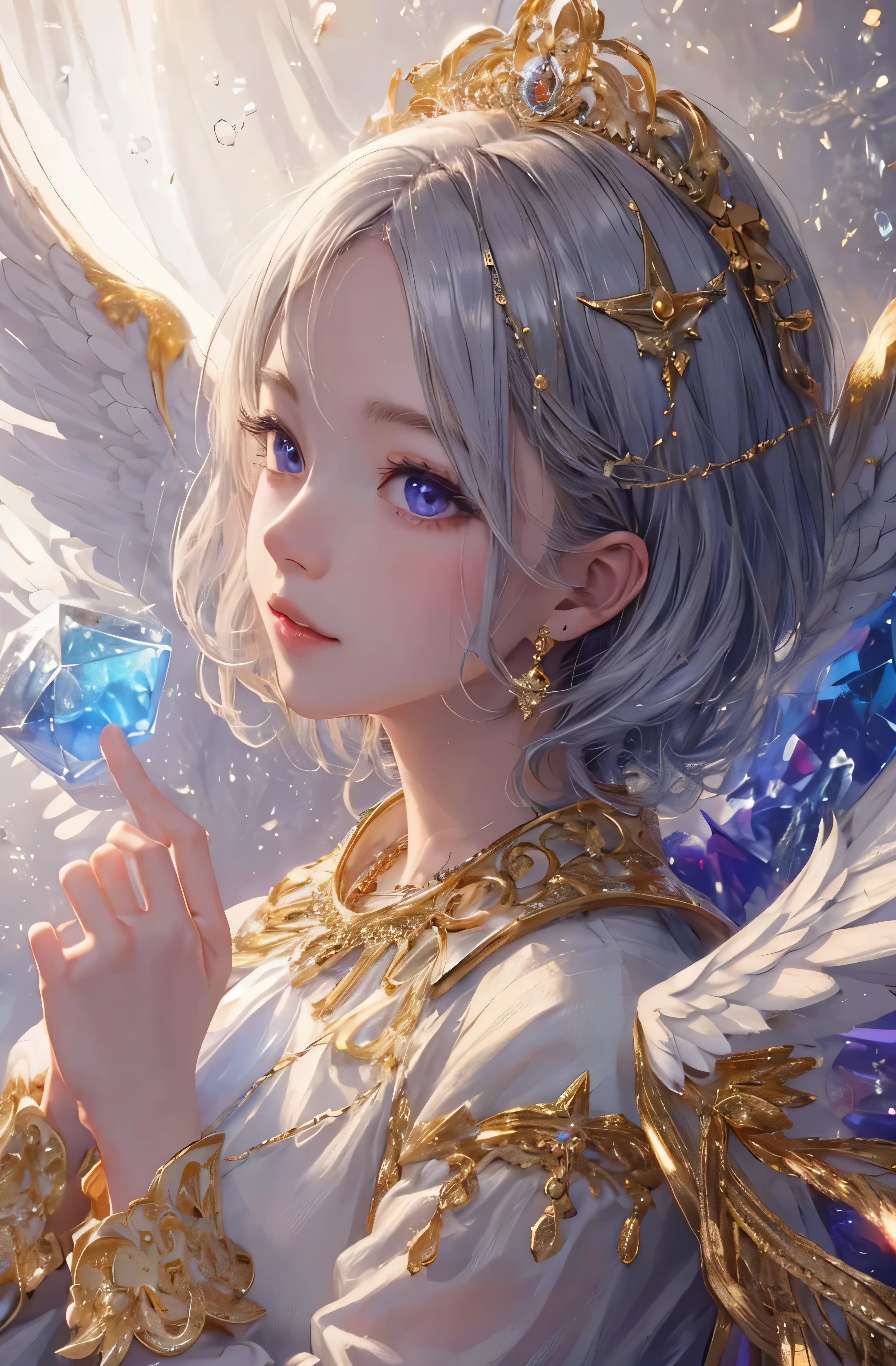 profile、8k、real photo、Super high resolution, master parts, highest quality, cinematic images,nice girl、Ann、16 only、Annグロサクソン、double eyelid、drooping eyes、very big eyes、Eyes are purple、dark eye shadow、lips are very thin、The tip of the nose stretches beautifully.、small nostrils,,,,, highly detailed face , silver hair、straight short hair、smile、 sweet expression 、)、Very clear shadows , gem , detailed eye, very complicated expression, shiny skin , パーフェクトブリリAnnト, perfect lighting, dramatic shadow、White tiara on head、Gold necklace around the neck、aristocratic dress with gold embroidery、Angel wings