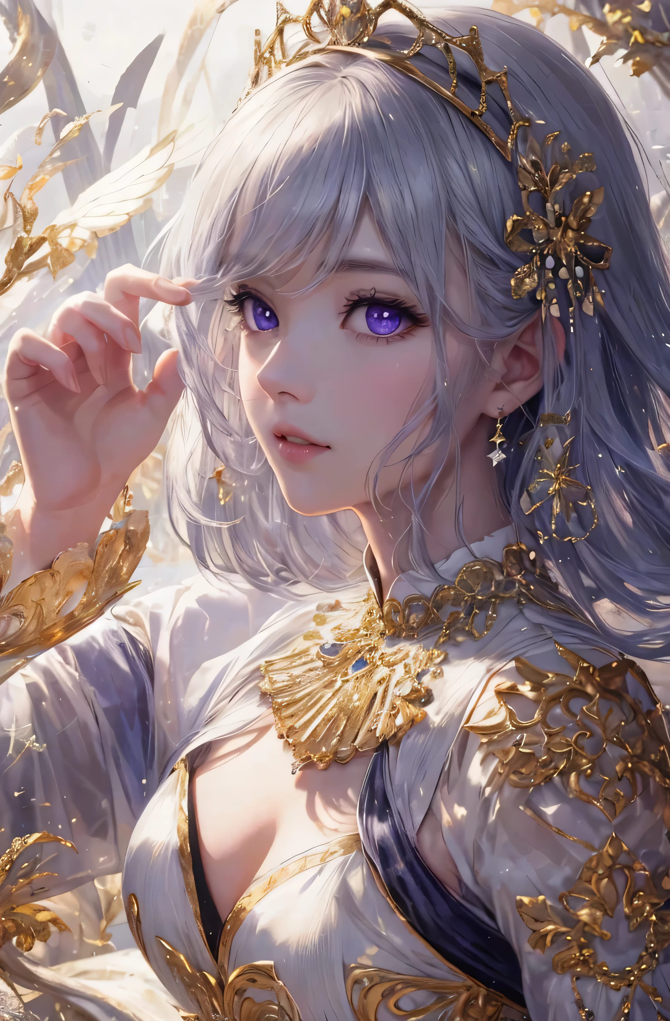 profile、8k、real photo、Super high resolution, master parts, highest quality, cinematic images,nice girl、Ann、16 only、Annグロサクソン、double eyelid、drooping eyes、very big eyes、Eyes are purple、dark eye shadow、lips are very thin、The tip of the nose stretches beautifully.、small nostrils,,,,, highly detailed face , silver hair、straight short hair、smile、 sweet expression 、)、Very clear shadows , gem , detailed eye, very complicated expression, shiny skin , パーフェクトブリリAnnト, perfect lighting, dramatic shadow、White tiara on head、Gold necklace around the neck、aristocratic dress with gold embroidery、Angel wings