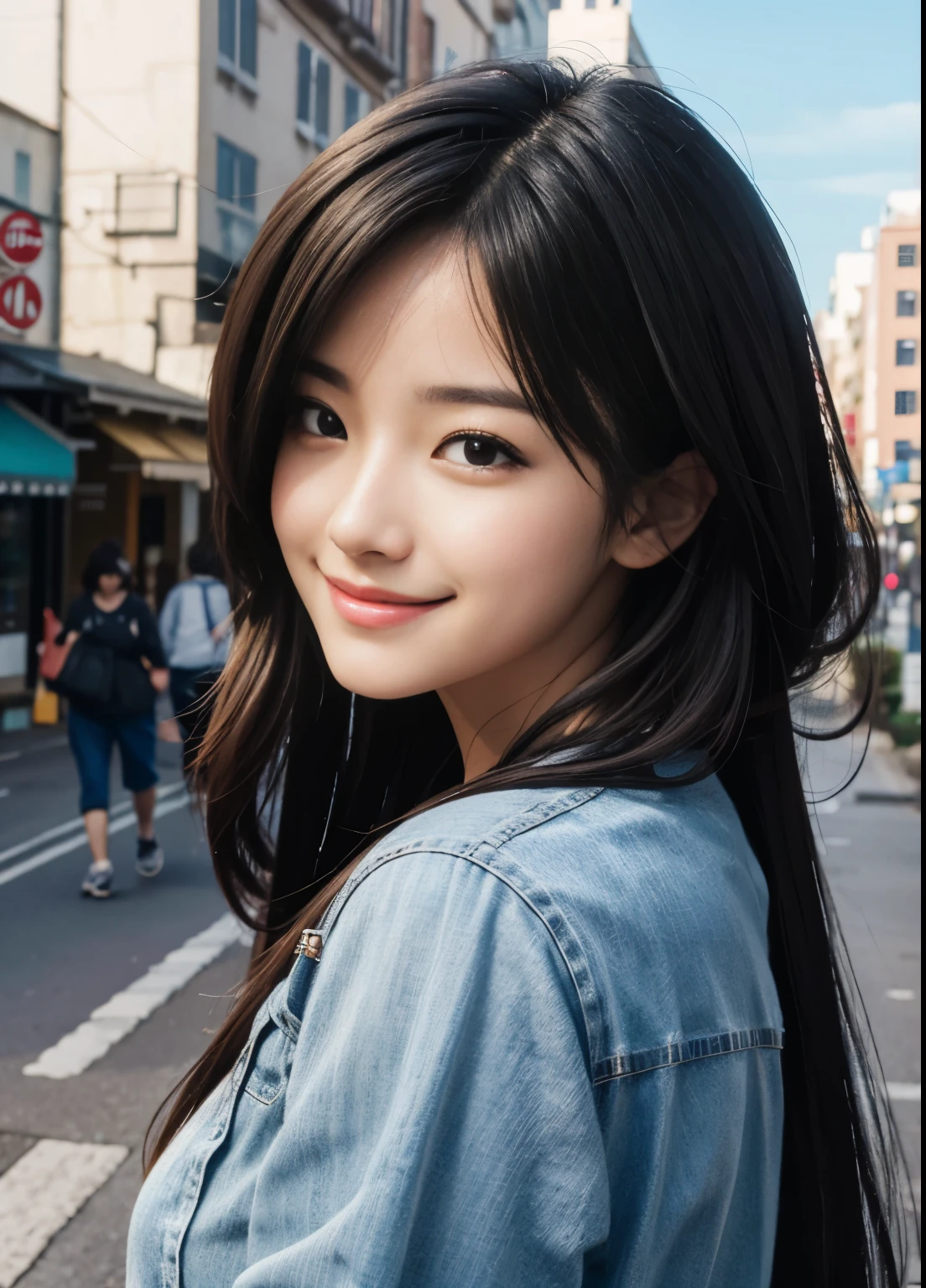 (highest quality:0.8),
(highest quality:0.8), perfect anime illustration, extreme closeup portrait of a pretty woman walking through the city,smile