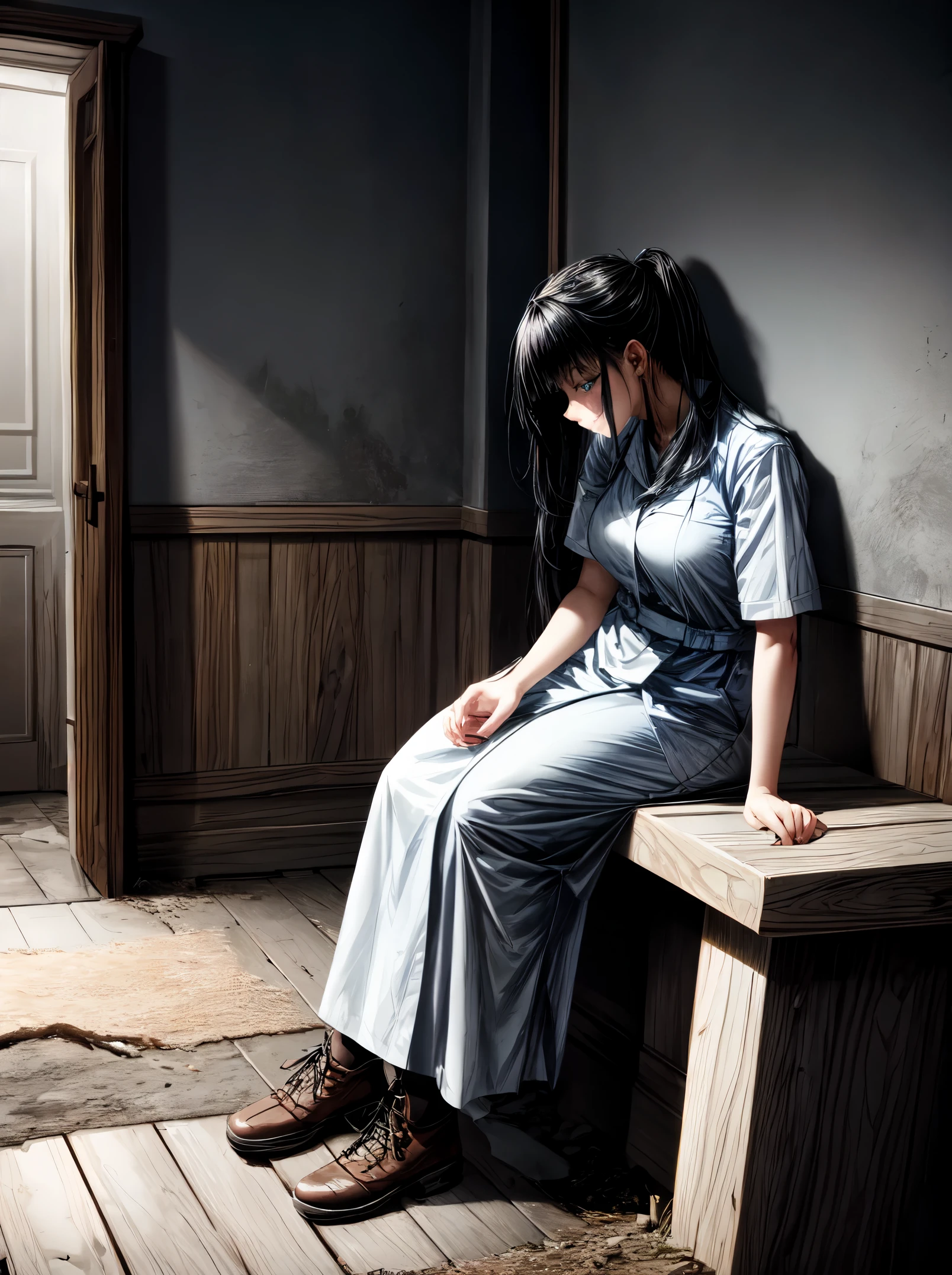 ((Face_detailed)), Amid the intense shadows of the abandoned house under the moonlight, the nurse emerges with a presence that shivers the spine. His uniform, highlighted by the black and white color palette with subtle touches of blue and yellow, emanates a strangely disturbing sensation. The pale light of the moon reveals details of the deteriorated wood, while worn textures on the walls tell silent stories of an unknown past. Inspired by the disturbing style of Junji Ito, the scene promises a unique visual experience of horror. The determined look of the nurse, illuminated by a cold lunar light, reflects the dark and mysterious aura of the environment. Each step resonates with a ghostly echo through the empty corridors. The 3D design of the scenery adds an additional dimension to the atmosphere, immersing itself even more in the feeling of abandonment and desolation. The shadows dance sinisterly, creating disturbing illusions that challenge perception. The nurse advances with courage, facing the unknown while the environment comes to life with a supernatural aura. | {The camera is positioned very close to her, revealing her entire body as she adopts a dynamic_pose, interacting with and leaning on a structure in the scene in an exciting way} | She is adopting a ((dynamic_pose as interacts, boldly leaning on a structure, leaning back in an exciting way):1.3), ((perfect_pose)), ((full-body)), ((perfect_fingers, better_hands, perfect_hands, perfect_legs):1), ((More Detail)).