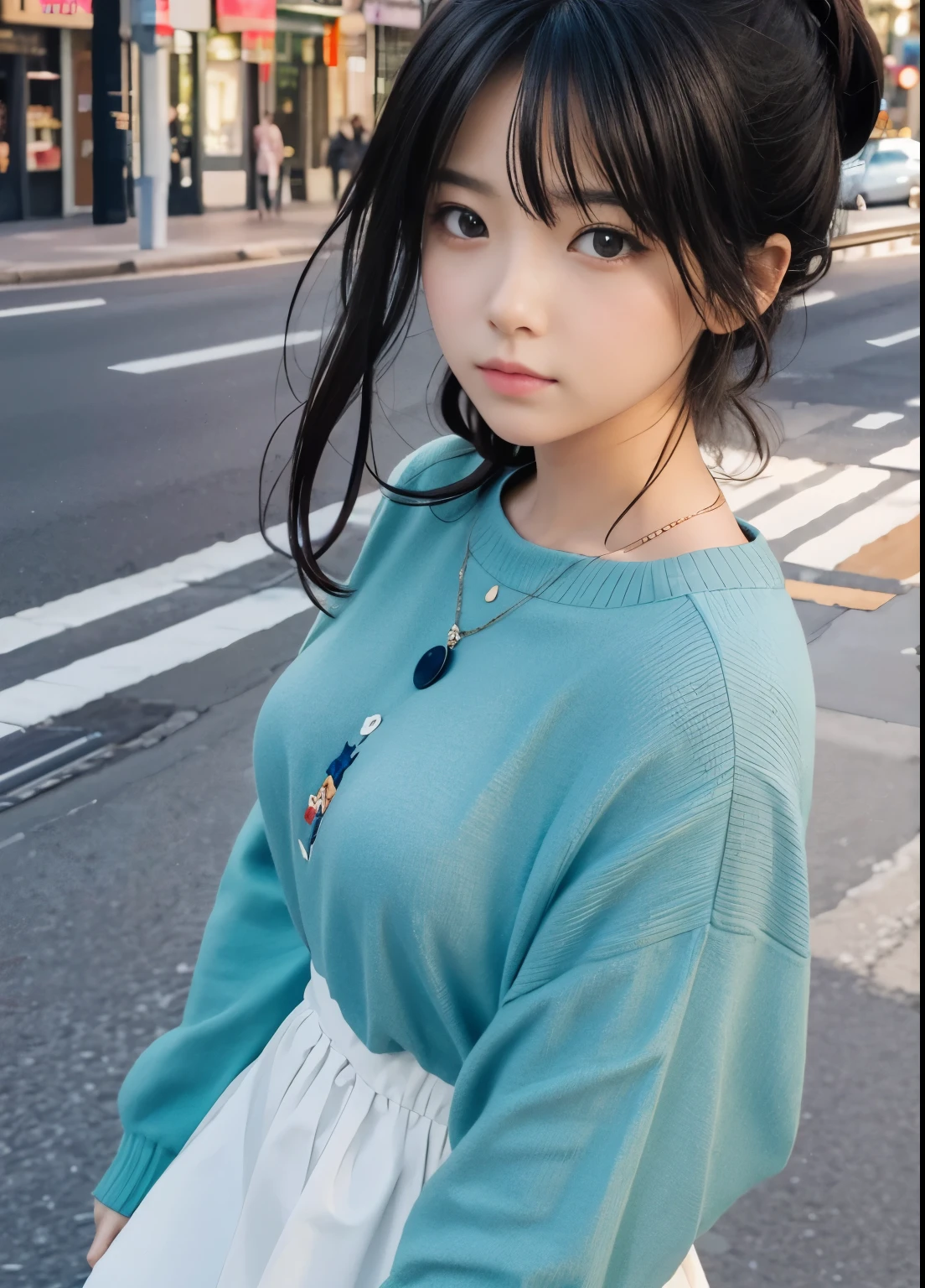 (highest quality:0.8),
(highest quality:0.8), perfect anime illustration, extreme closeup portrait of a pretty woman walking through the city,sad expression