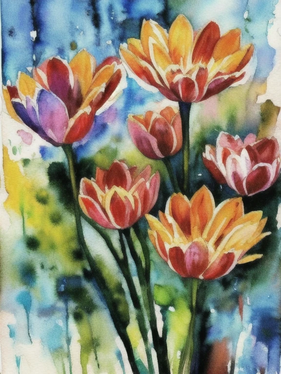 watercolor art, gentle, painting, splashes, flowers, watercolor on canvas, art, canvas, vivid colors