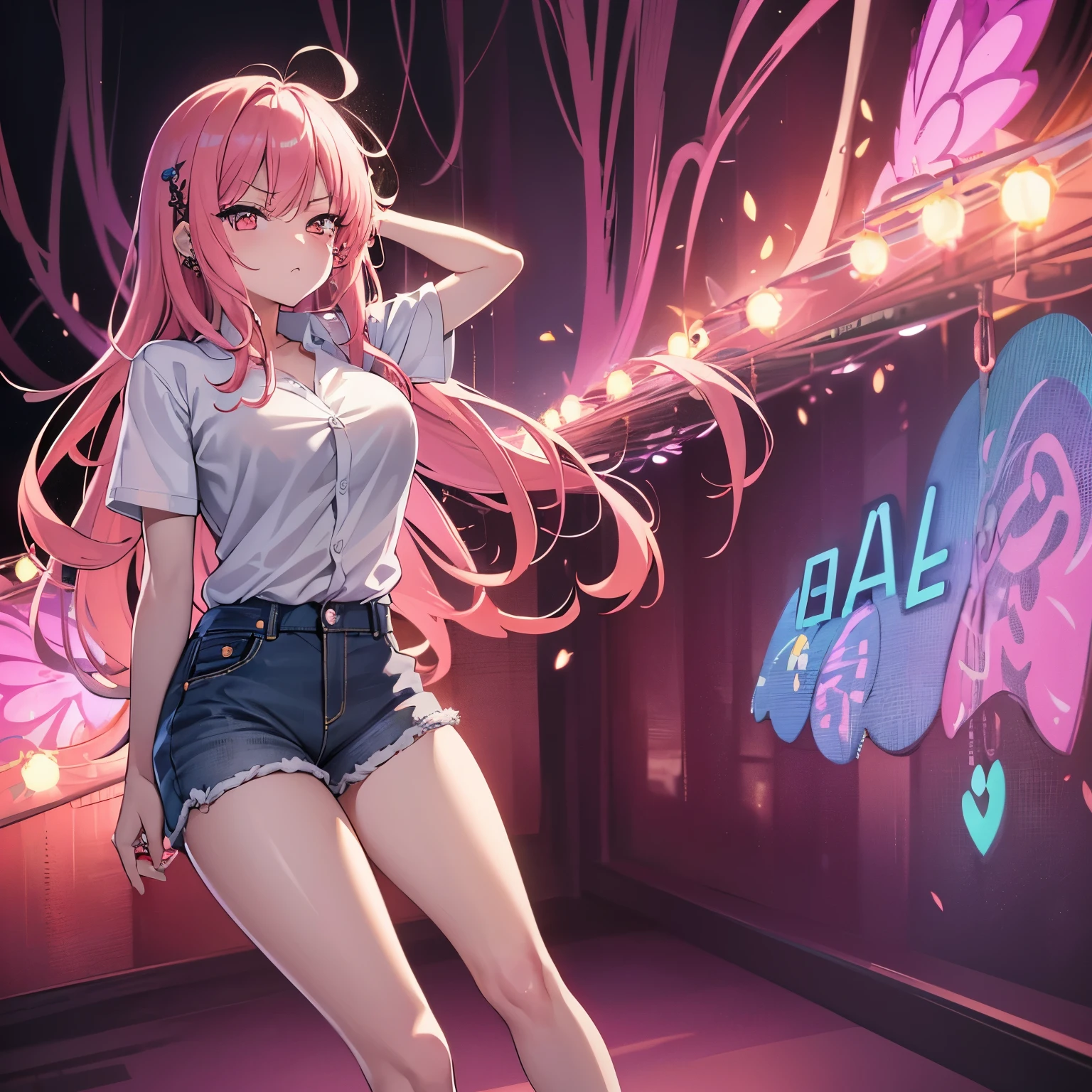 Masterpiece, best quality, (very detailed CG unity 8k wallpaper) (best quality), (best illustration), (best shadows), single female, 30 years old, full body, long pink hair, anime, very angry, large breasts, short sleeve button up hawaiian shirt with flowers, jean shorts, trippy background, lots of neon colours, edgy, piercings