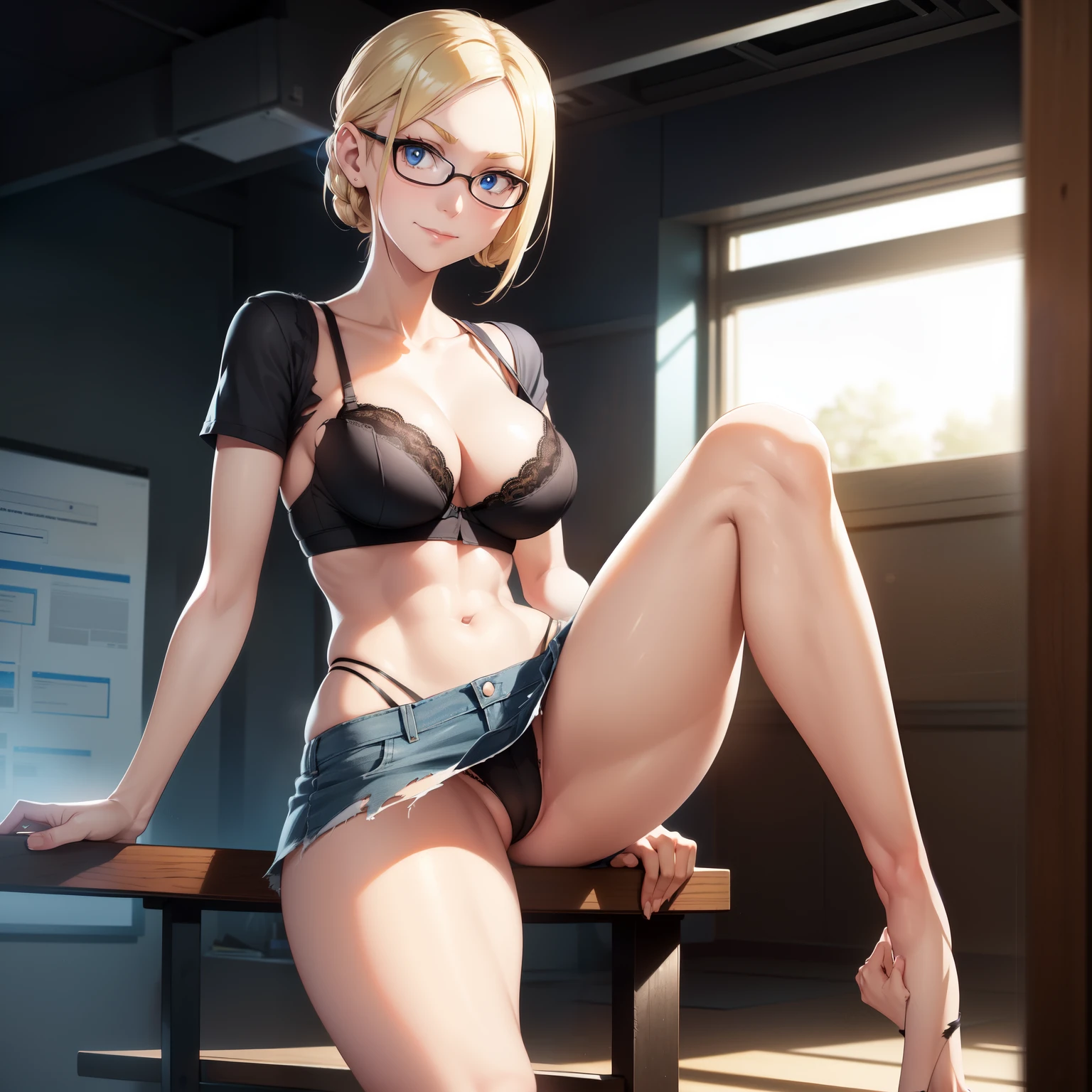 young nerdy girl, walking in school, blonde tied up hair, cross-eyed, big blue eyes, thick blonde eyebrows, (thin face), (smiling), (braces), long eyelashes, freckles, ((very thin)), (( very slender, tight shirt, torn clothes, mini skirt, ((slender legs)), ((skinny legs)), ((separate thighs)), ((long legs)), ((knock knees)), ((breasts straight)), ((flat breasts)), black bra, cinematic lighting