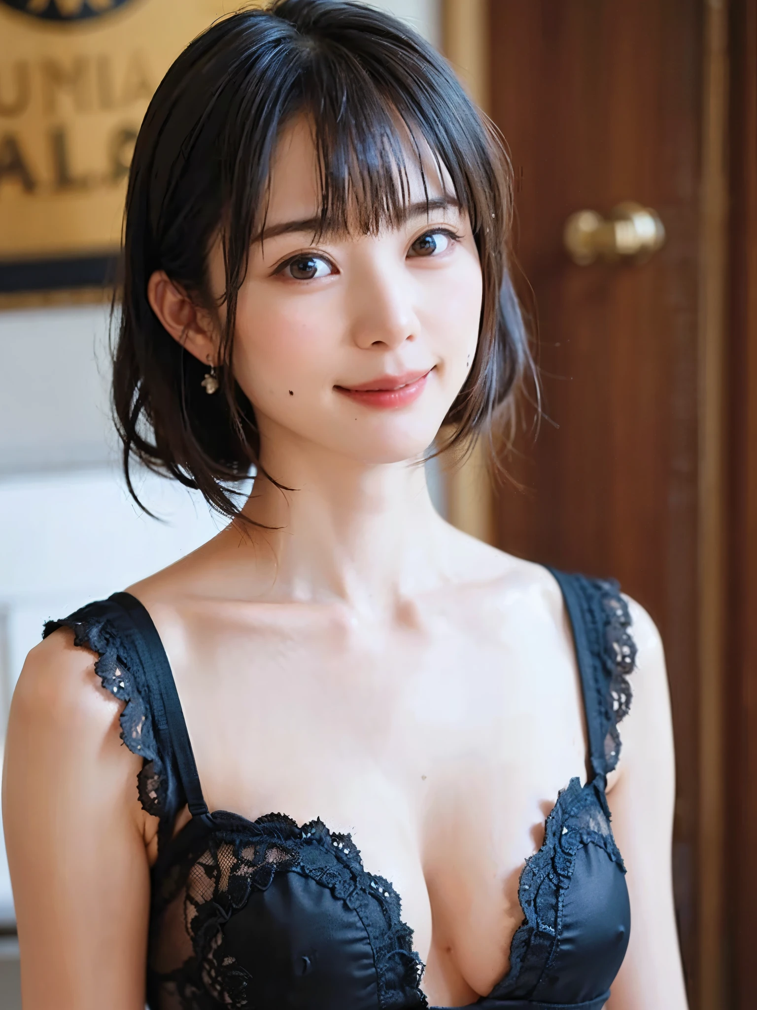 (masterpiece, highest quality),1 girl, alone, hyper realistic, realistic,realistic, looking at the viewer, light brown eyes:1.4,非常に詳細な光沢のある髪を持つブルネットのshort bob hair, bright colored winter clothes, lepangas:1.4), outdoor, closed mouth, Upper body、Big eyes、eyelash、{Huge|big|Hugeな|mega} chest:1.4, cleavage:1.4、(((Big eyes、short bob hair、Highlights from students、look at the audience、she is very beautiful and cute、show me your ears、long neck、smile、Close your mouth and smile、bangs beautiful teeth)))、ideal body proportions、(Snow-covered tree-lined street in Norway in winter)、美しいlong neck:1.4%