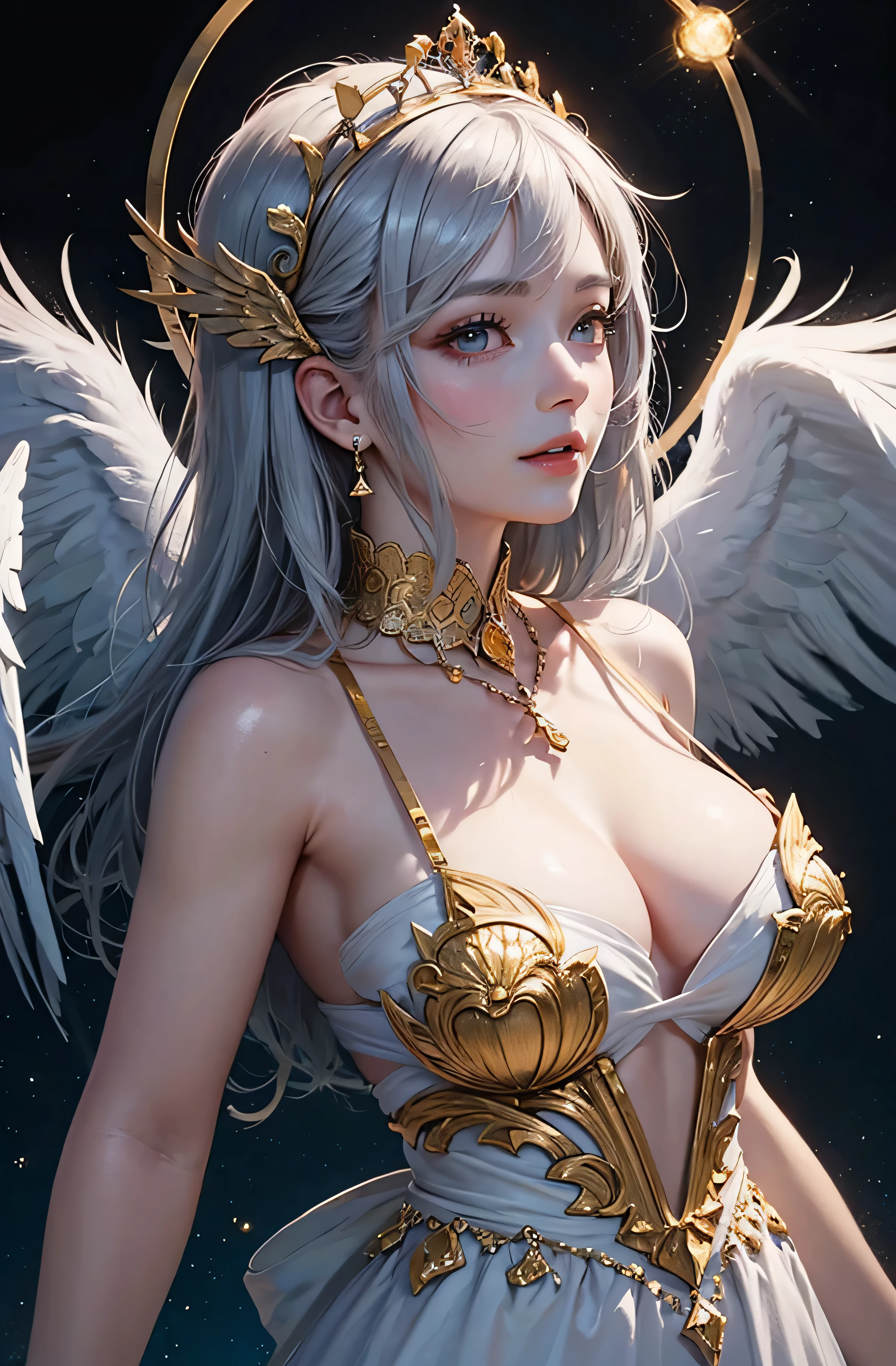 profile、8k、real photo、Super high resolution, master parts, highest quality, cinematic images,nice girl、Ann、16 only、Annグロサクソン、double eyelid、drooping eyes、very big eyes、Eyes are purple、dark eye shadow、lips are very thin、The tip of the nose stretches beautifully.、small nostrils,,,,, highly detailed face , silver hair、straight short hair、smile、 sweet expression 、)、Very clear shadows , gem , detailed eye, very complicated expression, shiny skin , パーフェクトブリリAnnト, perfect lighting, dramatic shadow、White tiara on head、Gold necklace around the neck、aristocratic dress with gold embroidery、Angel wings