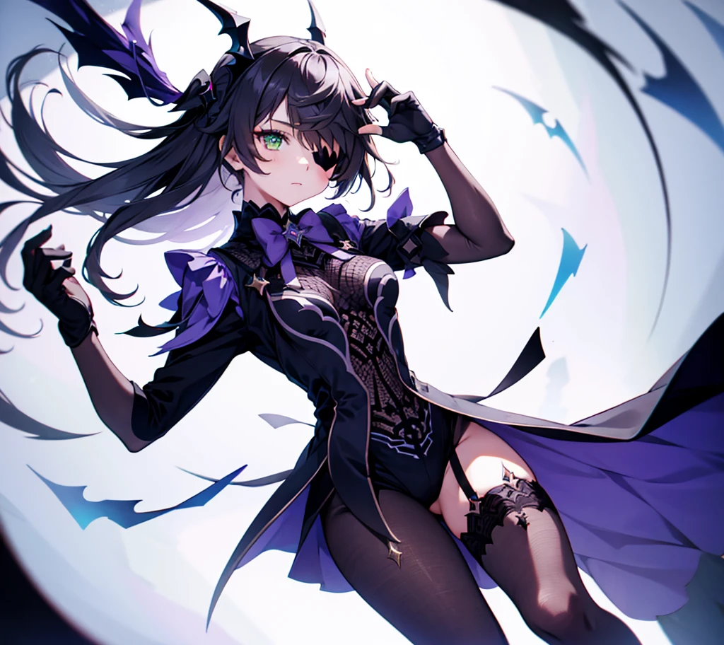 girl lifting up her gloved hand in a confident and dramatic pose, eyepatch, green eye, asymmetrical_legwear, stockings, simple background, swirling purple magic 