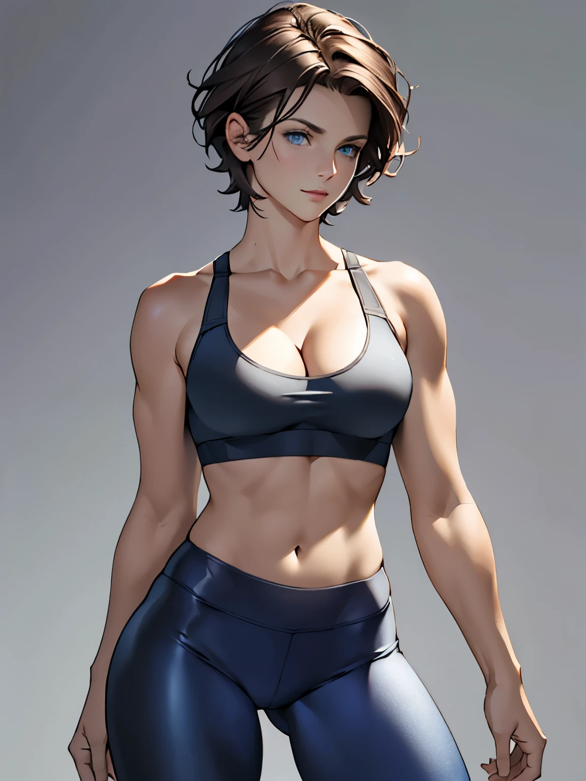 (Masterpiece, best quality) detailed, character sheet, ((30 years old mature woman、a small face、no-makeup、off shoulders, Bust C Cup、 Exposed cleavage, Blue eyes, Short hair, dark brown hair、leggins、shinning Sportsbra、fullnude)), Cinematic lighting, Perfect, softlight, High resolution skin:1.2, Realistic skin texture, 、Gray background, full of details, character concept.