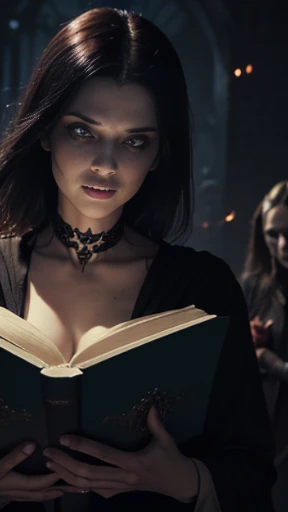 ((obra-prima)), ((melhor qualidade)), ((cinematic lighting): 1.0), ((medium close-up): 1.0)uma bruxa, cabelo branco, pale skin, olhos vermelhos, holding an open grimoire. ((Behind her, various demonic creatures look at the book, preparing to leave your hellish prison): 1.2), ((lots of demons around): 1.2)