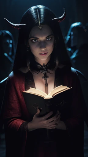 ((obra-prima)), ((melhor qualidade)), ((cinematic lighting): 1.0), ((medium close-up): 1.0)uma bruxa, cabelo branco, pale skin, olhos vermelhos, holding an open grimoire. ((Behind her, various demonic creatures look at the book, preparing to leave your hellish prison): 1.2), ((lots of demons around): 1.2)