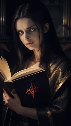 ((obra-prima)), ((melhor qualidade)), ((cinematic lighting): 1.0), ((medium close-up): 1.0)uma bruxa, cabelo branco, pale skin, olhos vermelhos, holding an open grimoire. ((Behind her, various demonic creatures look at the book, preparing to leave your hellish prison): 1.2), ((lots of demons around): 1.2)