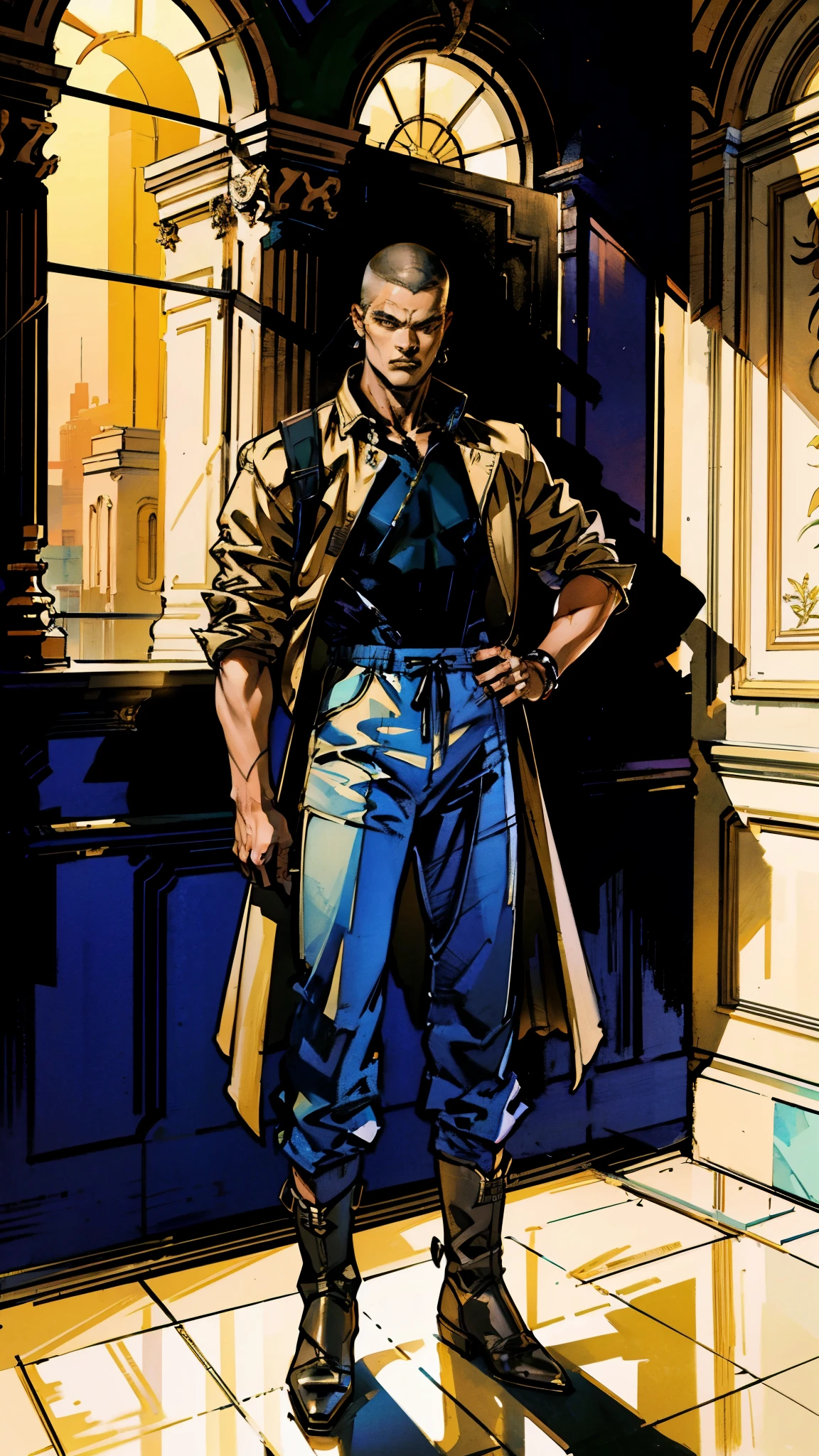 In the backdrop of an ancient fantasy-reality setting, a youth sporting a platinum crew cut displays a piercing gaze and confident demeanor. Adorned in a two-piece fusion outfit, seamlessly blending Western and Eastern influences, he wears a snug dark top paired with a vibrant yellow-blue short jacket. The lower half features loose white utility pants, and his sturdy long boots echo through the corridors of an antiquated architectural landscape. The overall aesthetic captures the essence of a refined and mature anime-inspired rogue, symmetrical face, extremely detailed eyes and face, high quality eyes, high definition, highres, ultra-fine painting, exquisite and mature, extremely delicate, professional, anatomically correct, creativity, UHD, HDR, 32k, Natural light, cinematic lighting, best shadow, masterpiece-anatomy-perfect, best quality, masterpiece, ultra-detailed