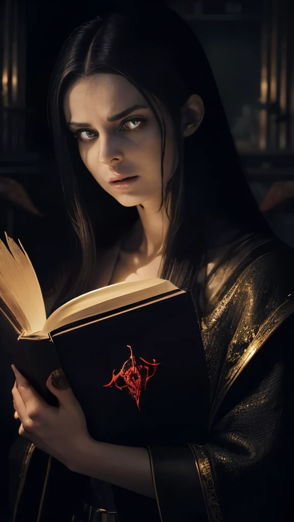 ((obra-prima)), ((melhor qualidade)), ((cinematic lighting): 1.0), ((medium close-up): 1.0)uma bruxa, cabelo branco, pale skin, olhos vermelhos, holding an open grimoire. ((Behind her, various demonic creatures look at the book, preparing to leave your hellish prison): 1.2), ((lots of demons around): 1.2)