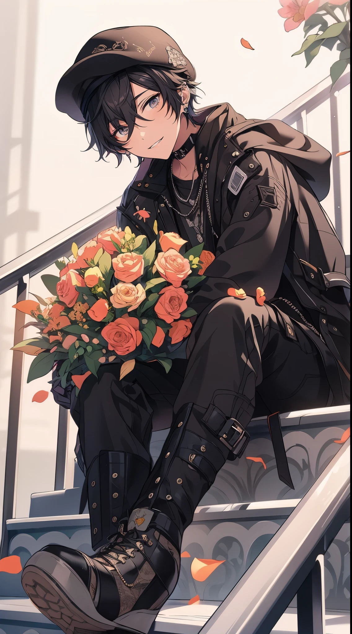 Beautiful young man, short black hair, beret, black leather jacket, holding colorful bouquet of flowers, cloudy background, sitting on stairs, high quality, amount of drawing, pixiv illustration