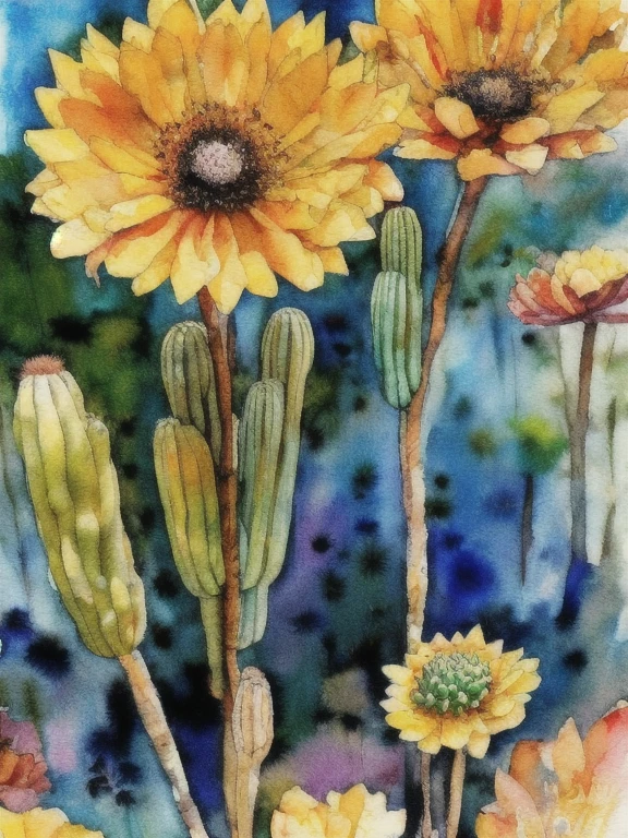 watercolor art, gentle, painting, splashes, desert cactus, watercolor on canvas, art, canvas, vivid colors
