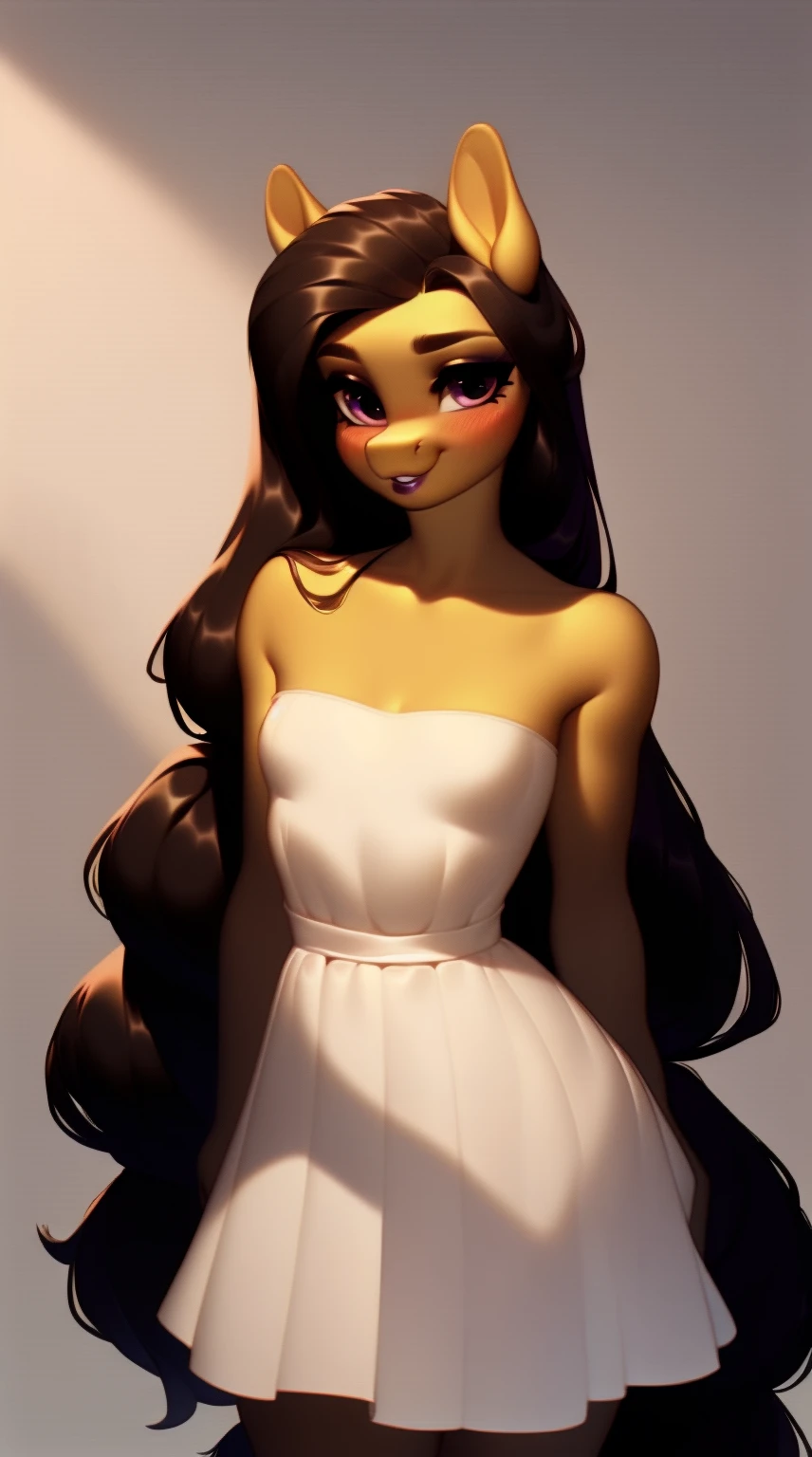 (score_9), (source_ derpibooru_p_95), (earth pony), ((anthro oc pony:1.1)), (shoulderless beautiful sun dress), shy, blushing, solo, bangs, realistic long hair, anatomically correct, flat chest, curvy figure, high res, pink bottom lip, extremely detailed, young, adorable, filly, absolutely stunning, freckles, 