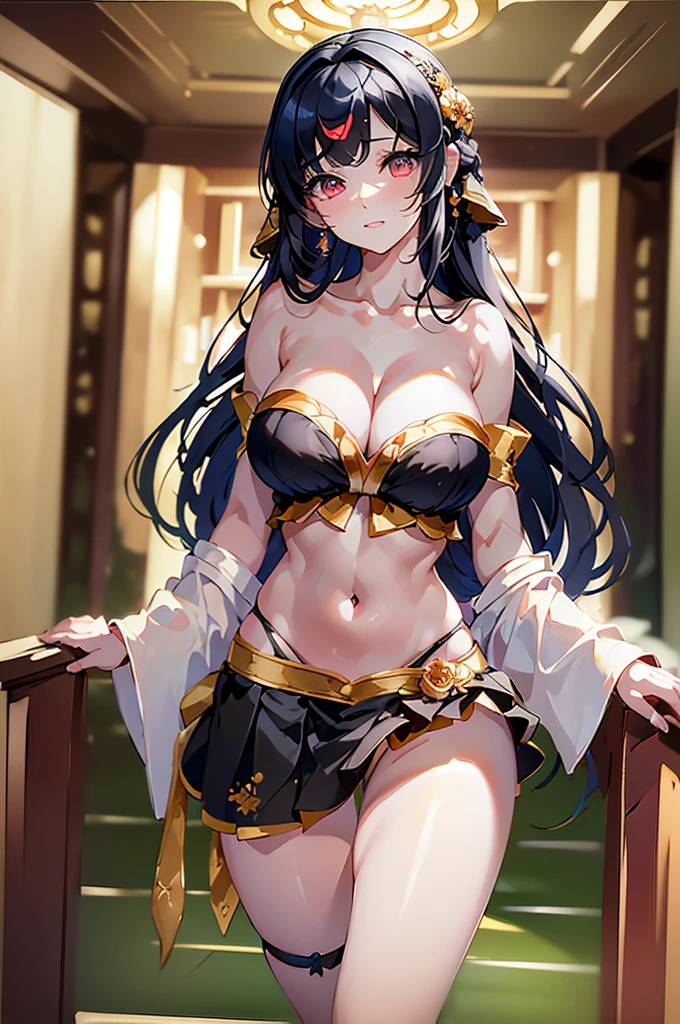 (masterpiece, best quality),best quality, (ultra-detailed), (4heads:1.4), 1girl, (houraisan kaguya:1.3), masterpiece, best quality, pink top, crop top, ((stomach)), midriff, ((groin)), pink skirt, normal ears, shackles, black hair, very long hair, wavy hair, sidelocks, brown eyes, parted lips, single horn, sweat, cute, toned belly, hand on own chest, eyelashes, (24 year old woman:1.3), (masterpiece:1.4), (best quality:1.4), (beautiful detailed, extremely detailed CG, extremely delicate and beautiful, depth of field, (finely detailed face), (perfect details:1.0), (mature female:1.3), wide pelvis, slender, large veiny breast, 8k resolution, high quality, high definition, extremely detailed, masterpiece, best quality, black hair, long hair, alluring presence, braid, short skirt, close up, big tits, young, hairband