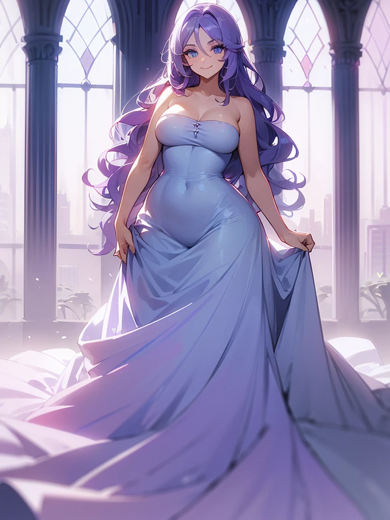((I want a woman alone, curvy and beautiful body, light blue eyes and light purple wavy hair without bangs, sharp look, smile on her face and wearing a beautiful dress))