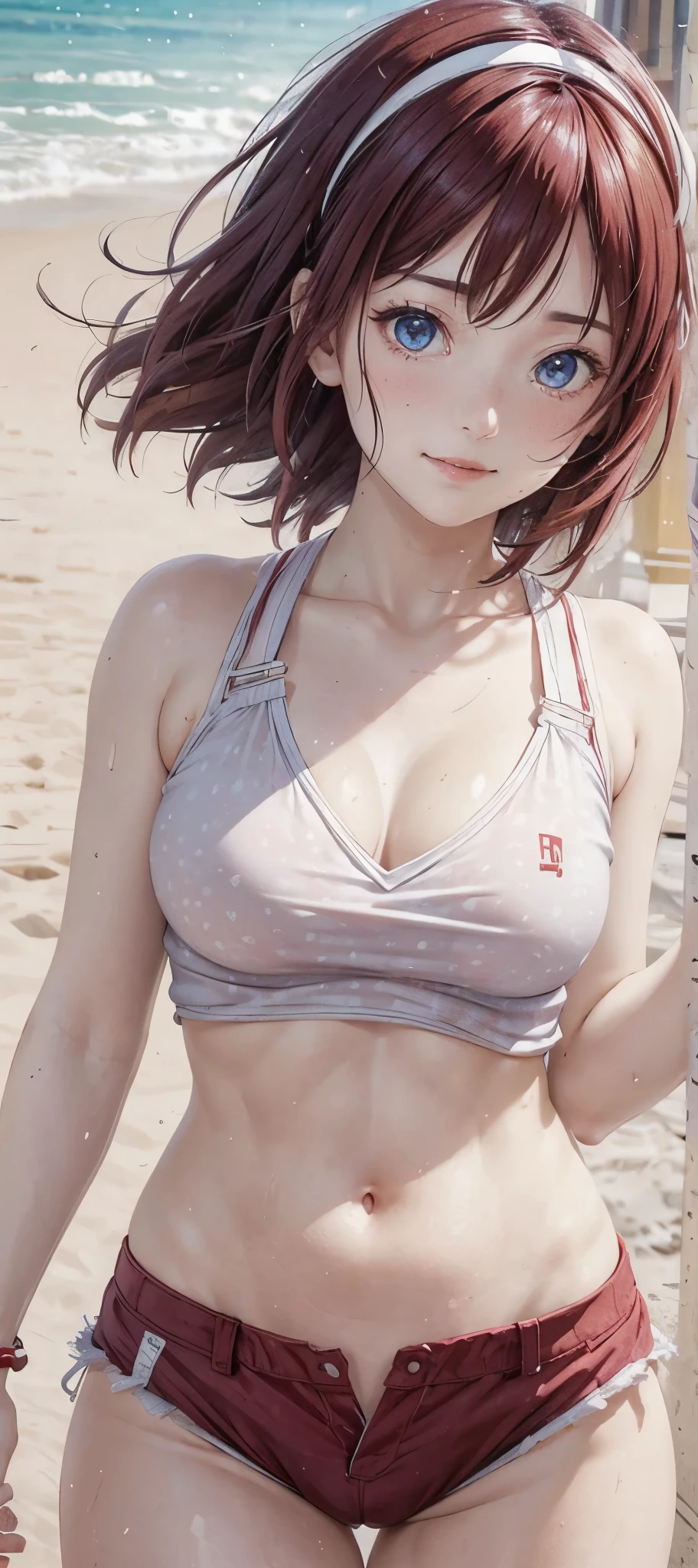 Realistic, Photorealistic,cowboy shot,masterpiece, absurdres ,1girl, haruno sakura, sweating, forehead mark, red hairband, red swimshirt, cleavage, white pants, navel, groin, bracelet, looking at viewer, smile, cherry blossoms, beach, sunset, wind, floating hair, short hair, large breast ,((wide hips)), toned body, detailed eyes, raised both armpits, sweaty armpits, armpits fold