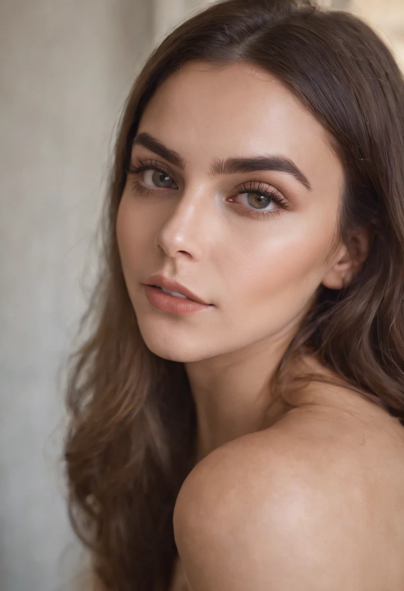 Mulher Arafed com blusa e calcinha combinando, Menina sexy com olhos castanhos, Retrato de Sophie Mudd, cabelos castanhos e olhos grandes, selfie de uma jovem, olhos do quarto, Violeta Myers, sem maquiagem, maquiagem natural, looking directly at the camera, cara com artgram, maquiagem sutil, foto impressionante de corpo inteiro, decote, sitting at the dining table, front camera