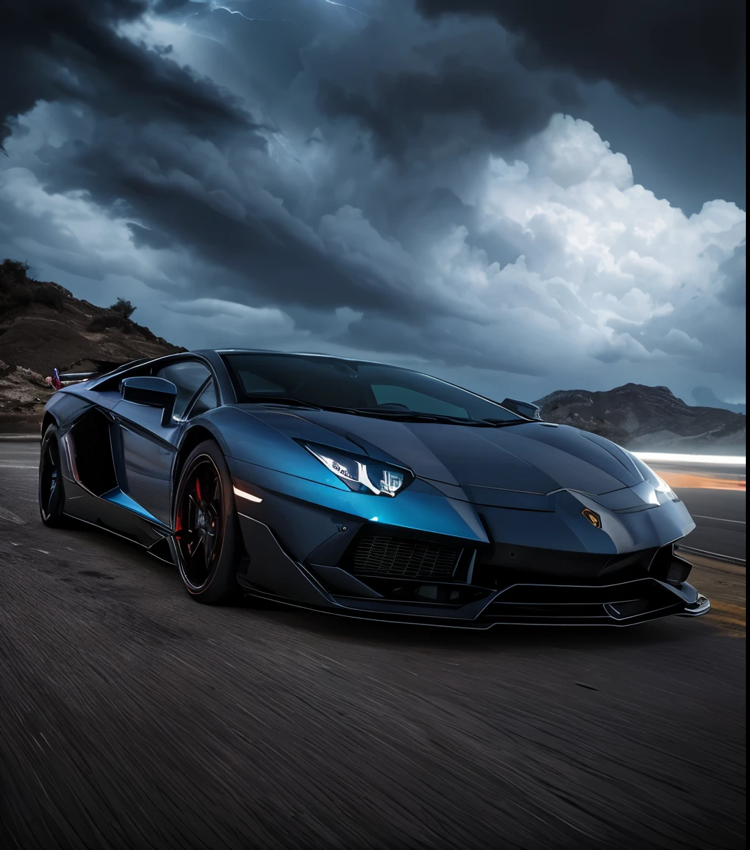 Black and res Lamborghini aventador parked at night, WELL illuminated by blue neon lights, in a stormy night with powerful lightning in the sky.