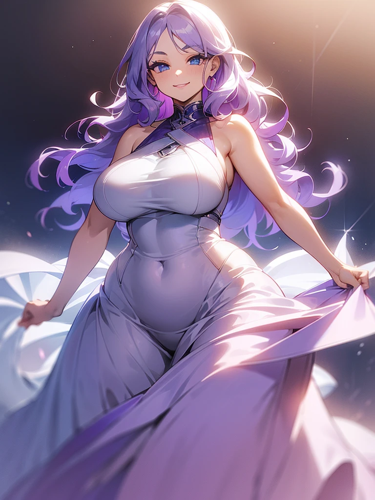 ((I want a woman alone, curvy and beautiful body, light blue eyes and light purple wavy hair without bangs, sharp look, smile on her face and wearing a beautiful dress))