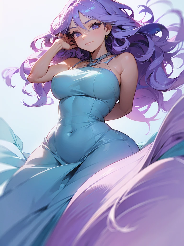 ((I want a woman alone, curvy and beautiful body, light blue eyes and light purple wavy hair without bangs, sharp look, smile on her face and wearing a beautiful dress))