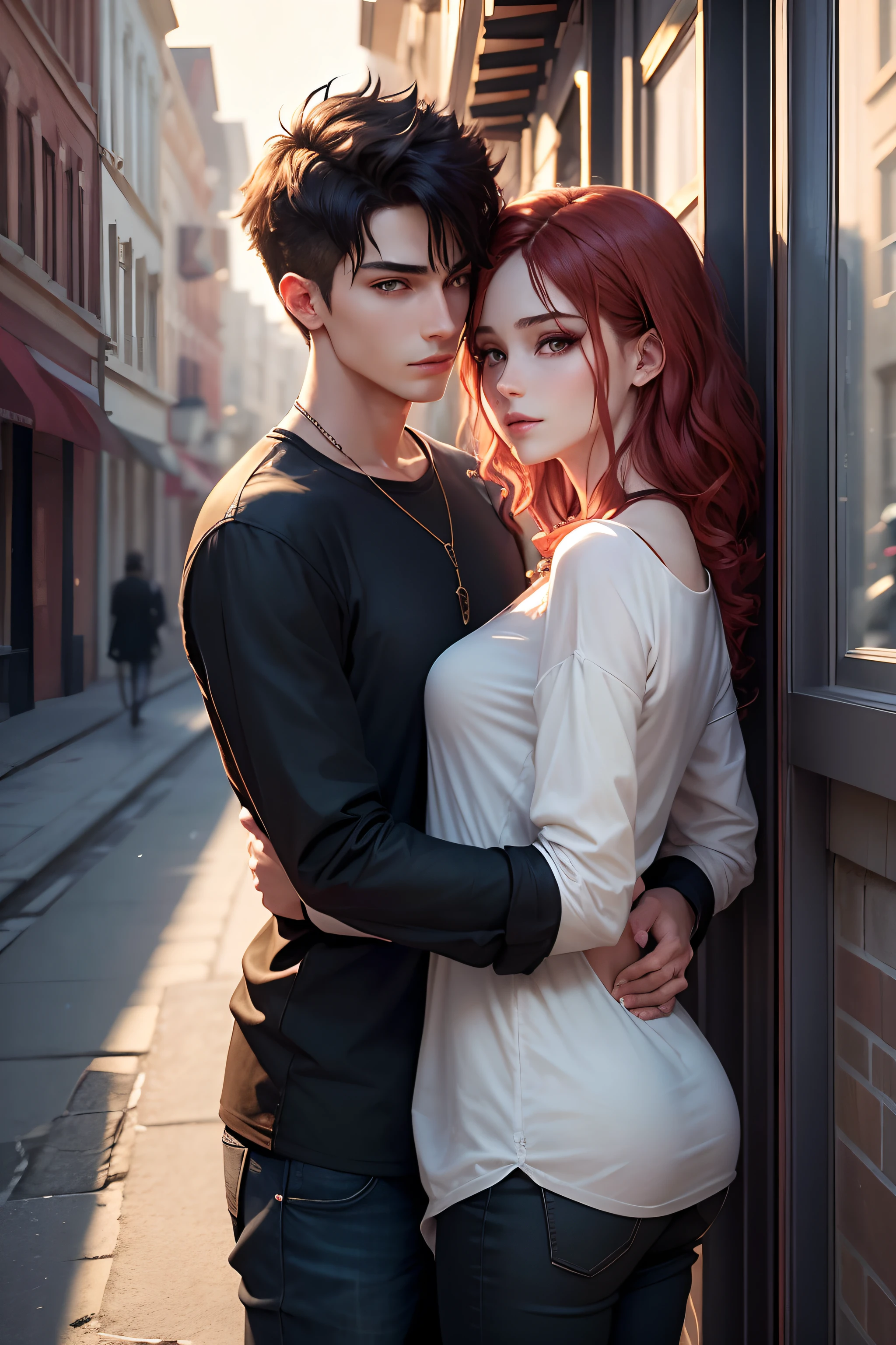 obra maestra, de primera calidad, 2otros, Parejas masculinas y femeninas, 1 hombre y 1,, Adultos, diferencia de altura, moda diferente, color diferente, ojos finamente y cara detallada, detalles intrincados, ropa casual, Camisa oversize, Calles urbanas modernas, manos en la espalda, Una sonrisa, Felicidad, sensibilidad, calidad de imagen de alto nivel、 hermoso macho、alto、hug from behind、tratando de besar、ventana、anochecer、escena nocturna、𝓡𝓸𝓶𝓪𝓷𝓽𝓲𝓬、Por Fedman con un collar, androgynous vampire, :9 cara detallada: 8, cara extra detallada, pelo punk detallado, ((trabajo)) ojos holgados, seductor. muy detallado, anime semi realista, adolescente hiperrealista, delicate androgynous prince, OVEJA, pelo corto encima de las orejas, hombre con pelo corto, Mujer con cabello largo y ondulado, A man with a dazzling expression and a woman with a gentle expression, With a short-haired man with brown hair, Mujer con el pelo rojo bastante largo