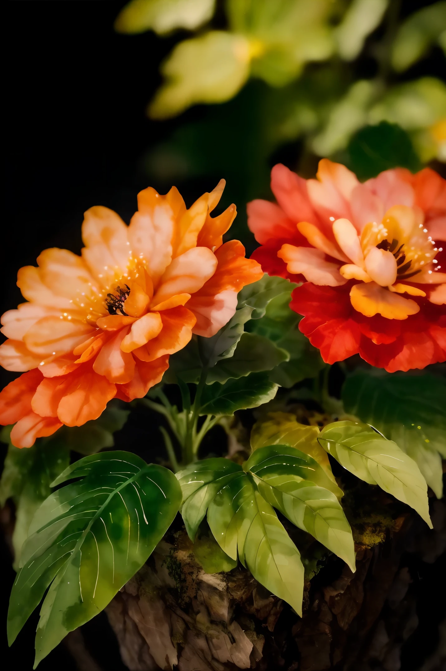Best Quality, Masterpiece, Chinese Watercolor, Flowers and Green Leaves by Watercolor, no human,Flowers and Green Leaves by Watercolor, (zoom out:1.1), Detailed, Glowing Flowers in Dark Environments, Depth of Field