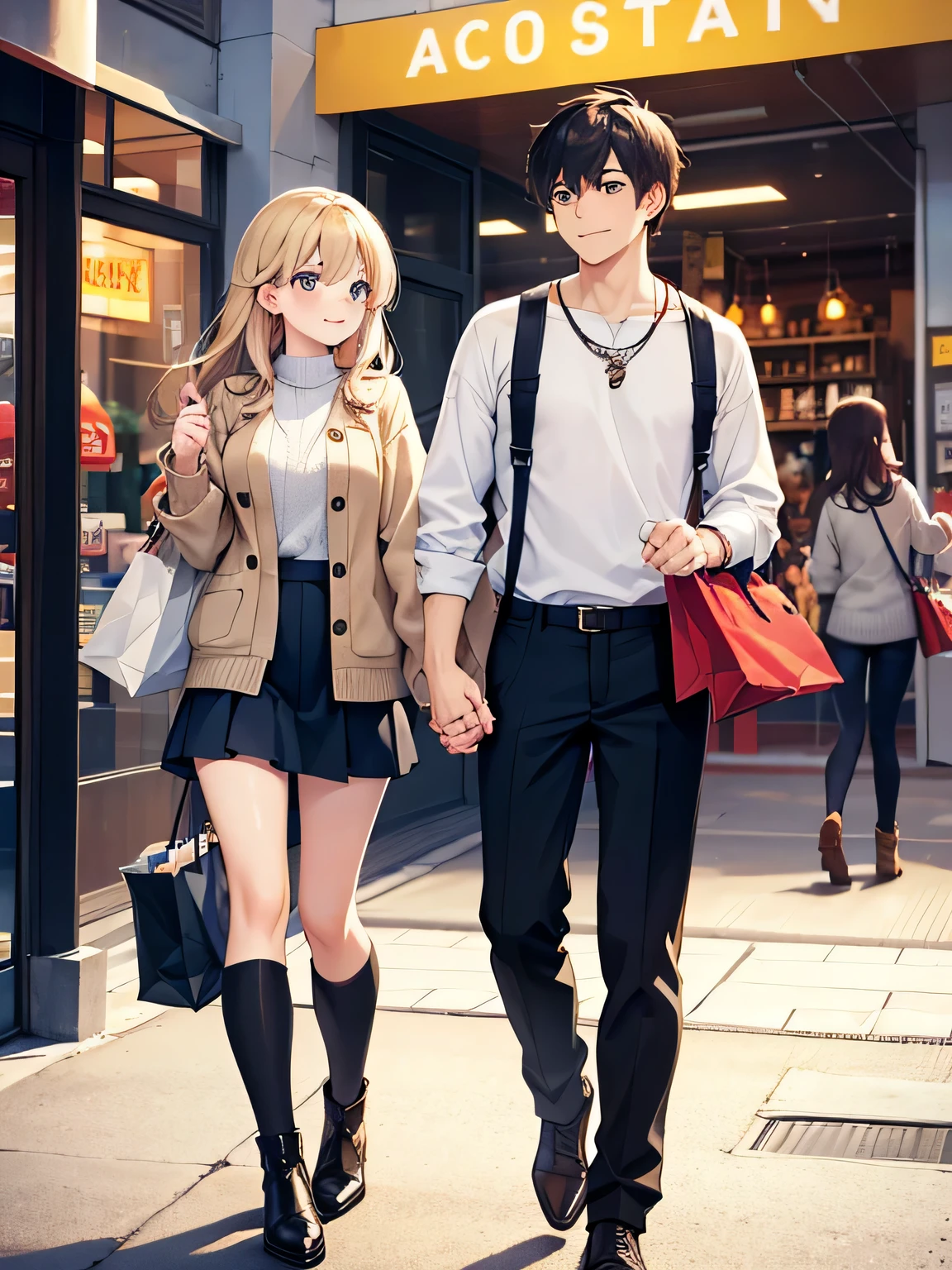 1,There are also male and female couples..
2,Two people enjoying shopping together.
3,Both are smiling and looking like they're having fun.
4,Women wear sexy knits and pleated miniskirts.、I'm wearing long boots on my feet。.
5,The man is wearing normal clothes、hair is braided, And he is carrying the woman's shopping luggage..
6,The location is in front of the station in the downtown area.. There is a department store.
7,The season is autumn.