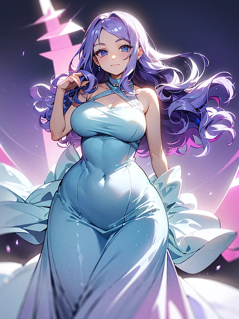 ((I want a woman alone, curvy and beautiful body, light blue eyes and light purple wavy hair without bangs, sharp look, smile on her face and wearing a beautiful dress))