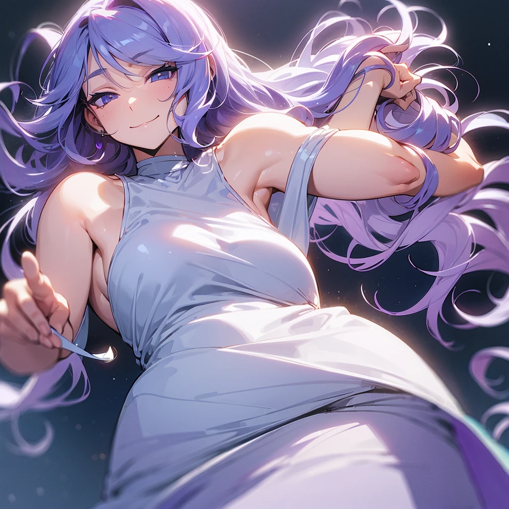 ((I want a woman alone, curvy and beautiful body, light blue eyes and light purple wavy hair without bangs, sharp look, smile on her face and wearing a beautiful dress))