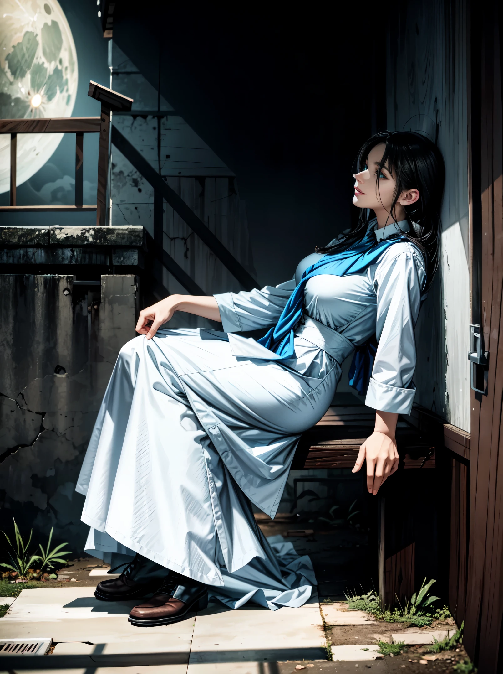 Amid the intense shadows of the abandoned house under the moonlight, the nurse emerges with a presence that shivers the spine. His uniform, highlighted by the black and white color palette with subtle touches of blue and yellow, emanates a strangely disturbing sensation. The pale light of the moon reveals details of the deteriorated wood, while worn textures on the walls tell silent stories of an unknown past. Inspired by the disturbing style of Junji Ito, the scene promises a unique visual experience of horror. The determined look of the nurse, illuminated by a cold lunar light, reflects the dark and mysterious aura of the environment. Each step resonates with a ghostly echo through the empty corridors. The 3D design of the scenery adds an additional dimension to the atmosphere, immersing itself even more in the feeling of abandonment and desolation. The shadows dance sinisterly, creating disturbing illusions that challenge perception. The nurse advances with courage, facing the unknown while the environment comes to life with a supernatural aura. | {The camera is positioned very close to her, revealing her entire body as she adopts a dynamic_pose, interacting with and leaning on a structure in the scene in an exciting way} | She is adopting a ((dynamic_pose as interacts, boldly leaning on a structure, leaning back in an exciting way):1.3), ((perfect_pose)), ((full-body)), ((perfect_fingers, better_hands, perfect_hands, perfect_legs):1), ((More Detail)).