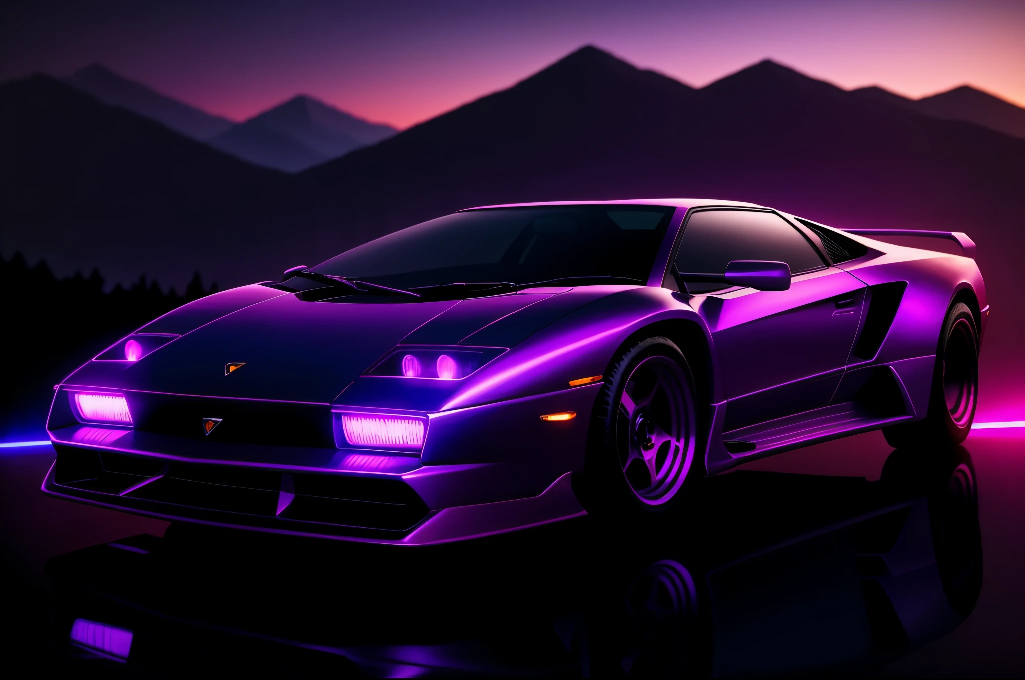 retrowave. city, lamborghini diablo, wide body kit, road, purple neon lights, sun, mountain, (masterpiece,detailed,highres),